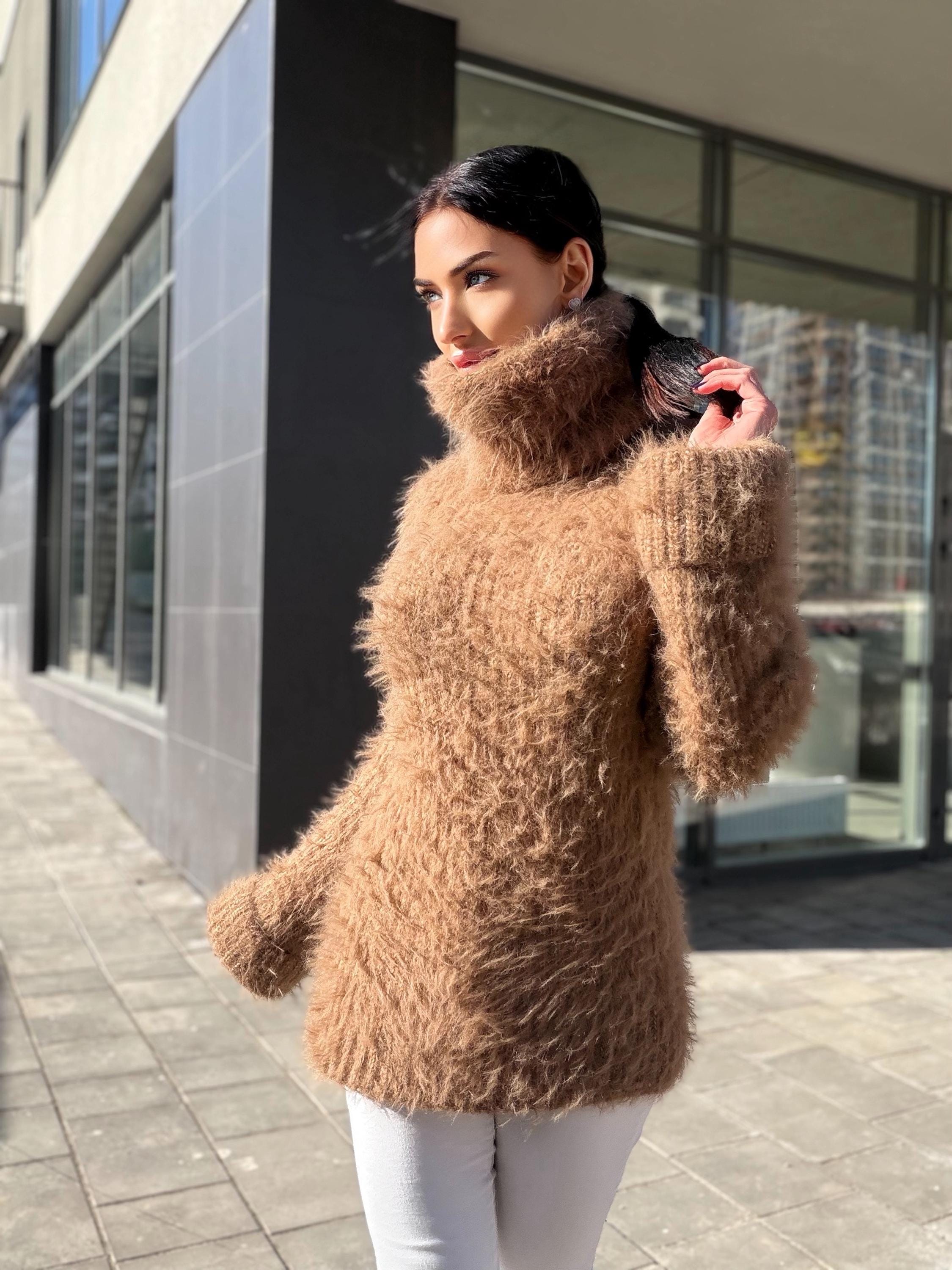 Large hand knit beige brown fluffy merino wool turtleneck sweater High collar long soft chunky knit sweater dress Chunky knit big pullove