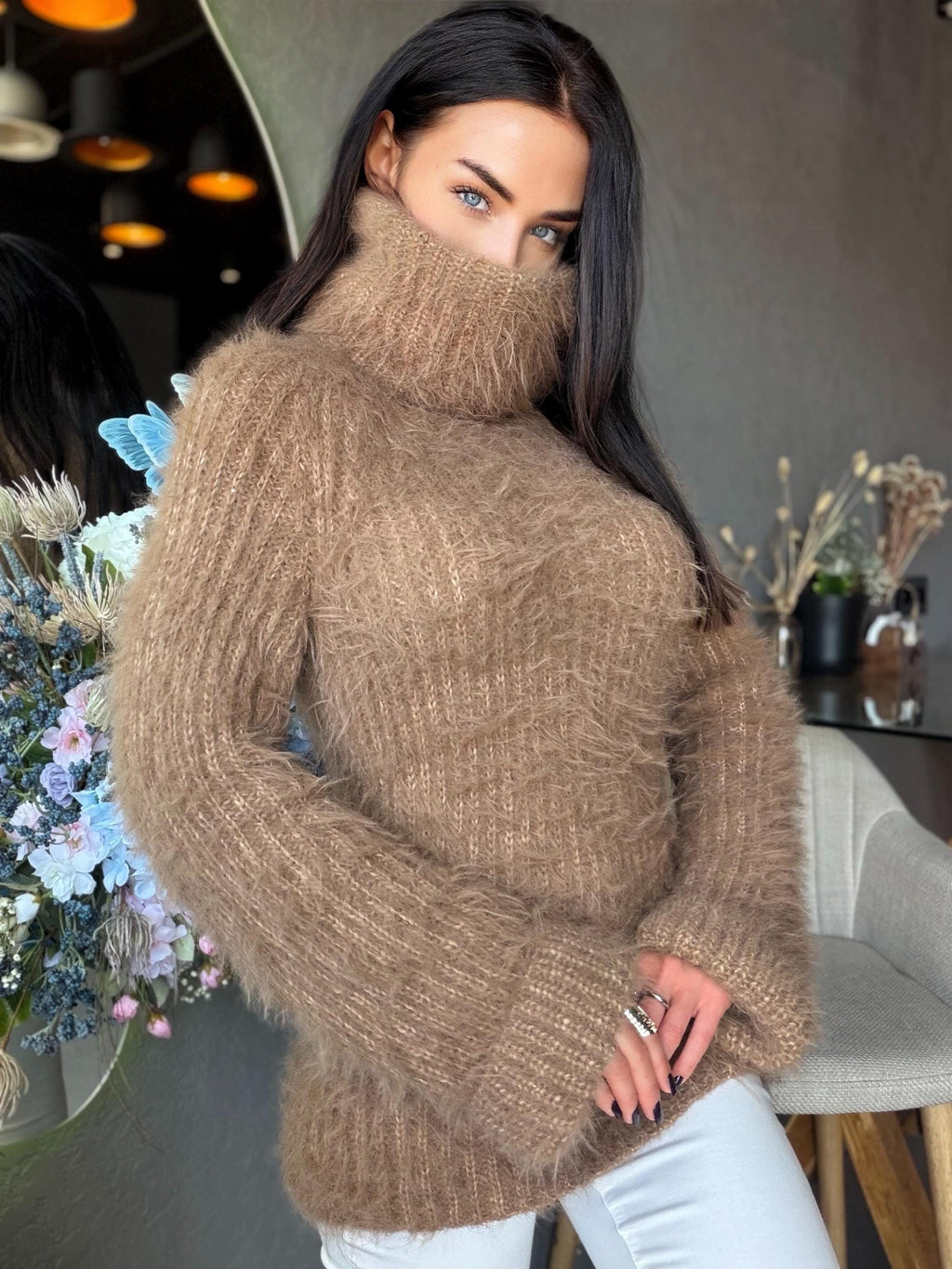 Large hand knit beige brown fluffy merino wool turtleneck sweater High collar long soft chunky knit sweater dress Chunky knit big pullove