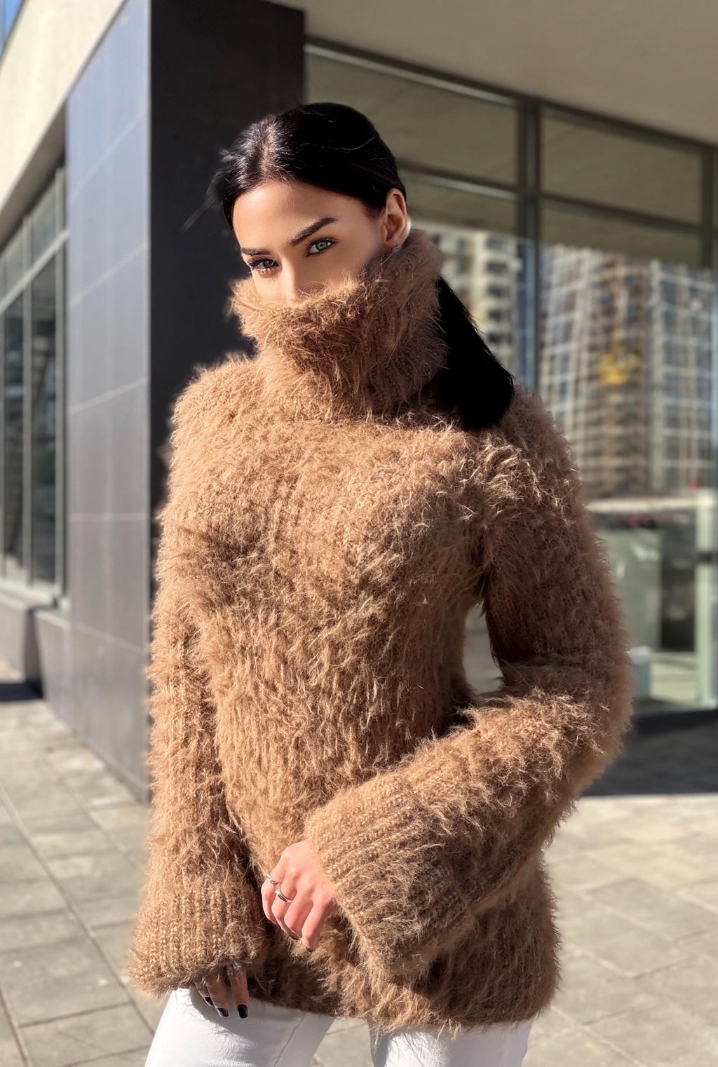Large hand knit beige brown fluffy merino wool turtleneck sweater High collar long soft chunky knit sweater dress Chunky knit big pullove