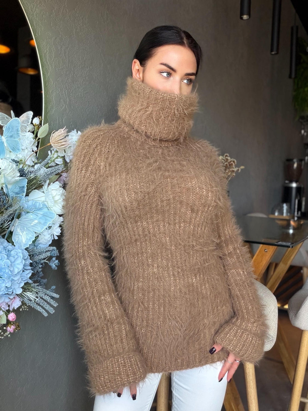 Large hand knit beige brown fluffy merino wool turtleneck sweater High collar long soft chunky knit sweater dress Chunky knit big pullove