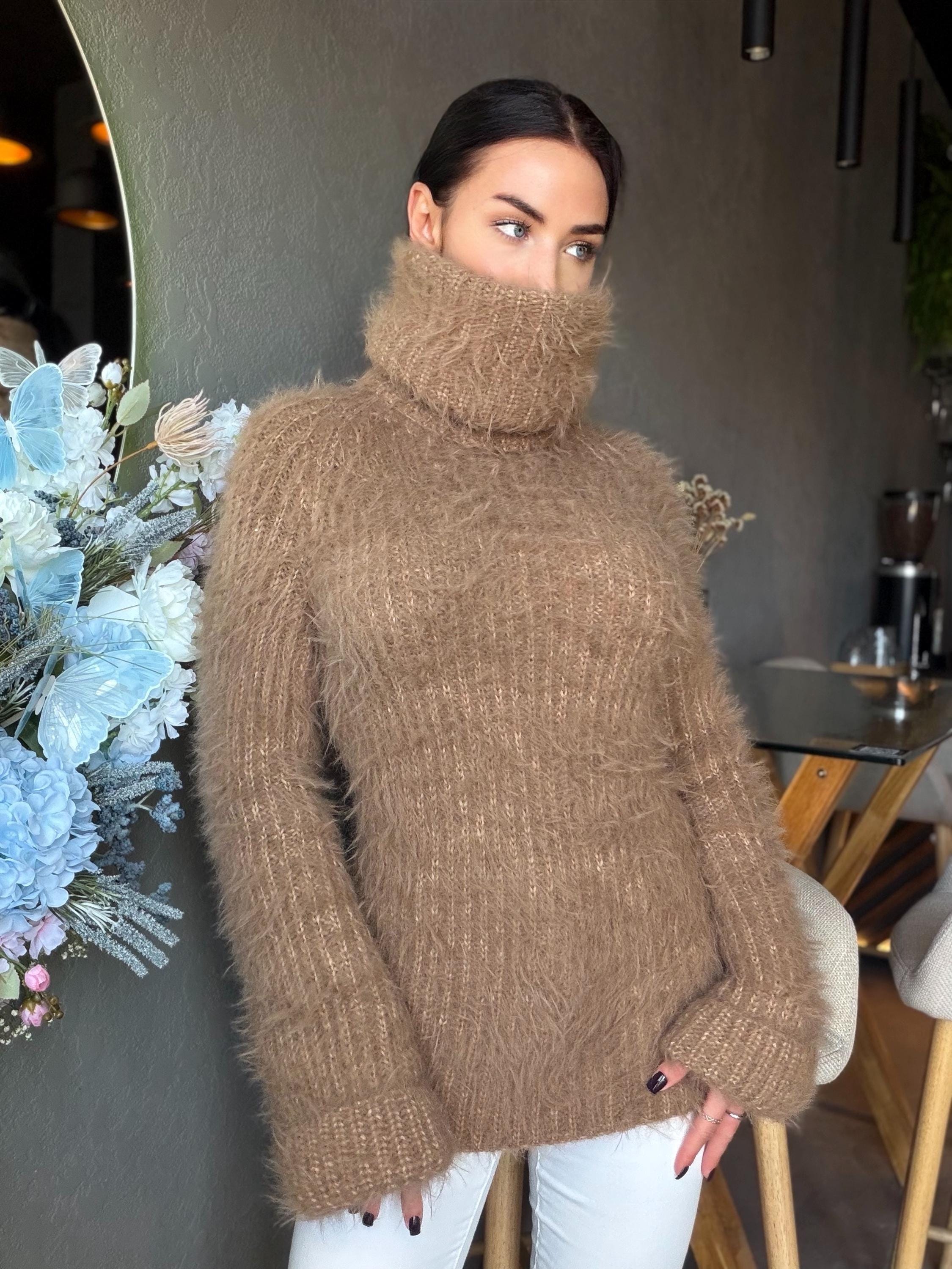 Large hand knit beige brown fluffy merino wool turtleneck sweater High collar long soft chunky knit sweater dress Chunky knit big pullove