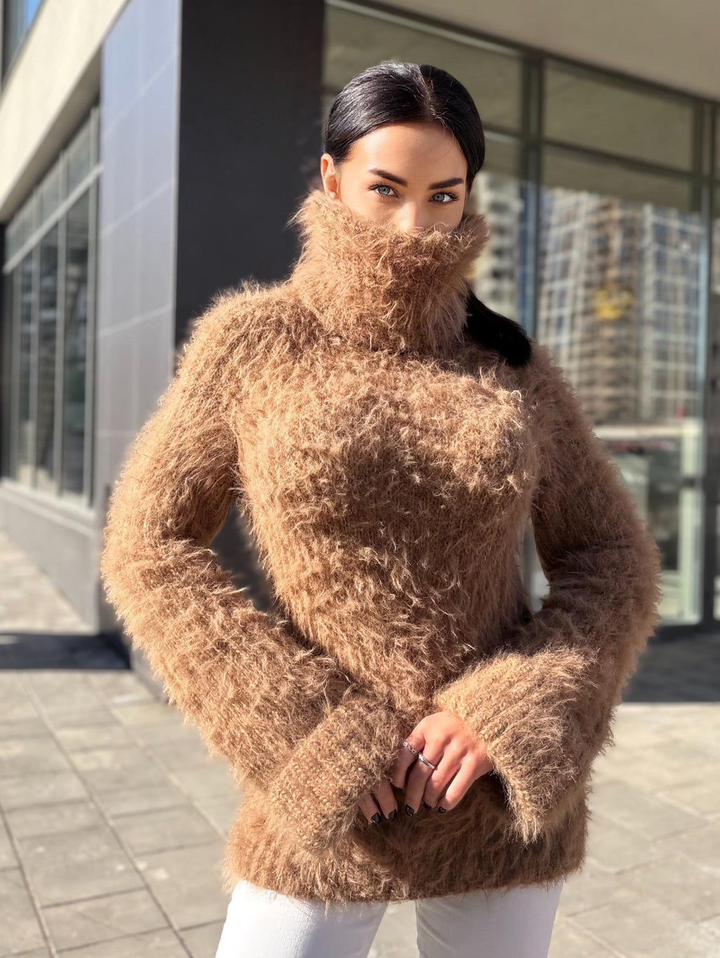 Large hand knit beige brown fluffy merino wool turtleneck sweater High collar long soft chunky knit sweater dress Chunky knit big pullove