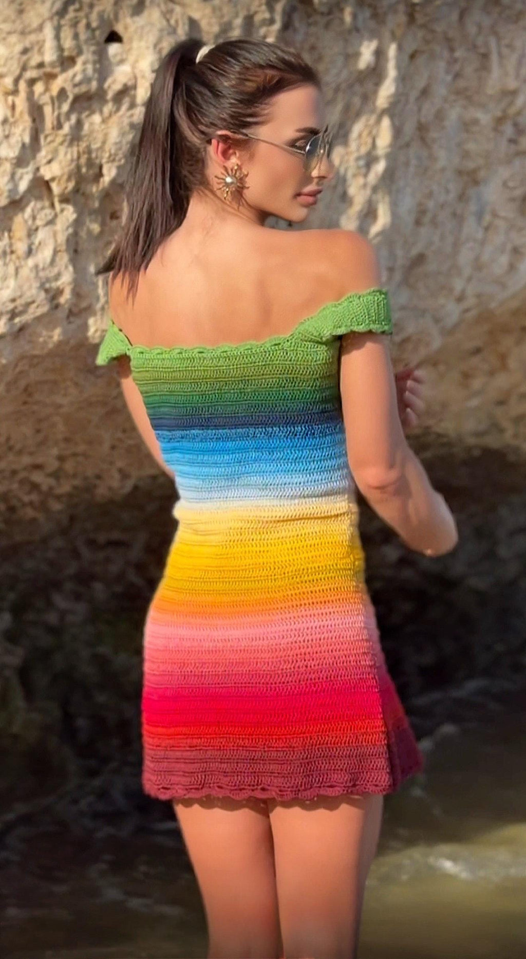 Crochet colourful striped dress wide straps mini dress Beach Cover-Ups Recycled Cotton crochet dress beachwear Lace crochet dress