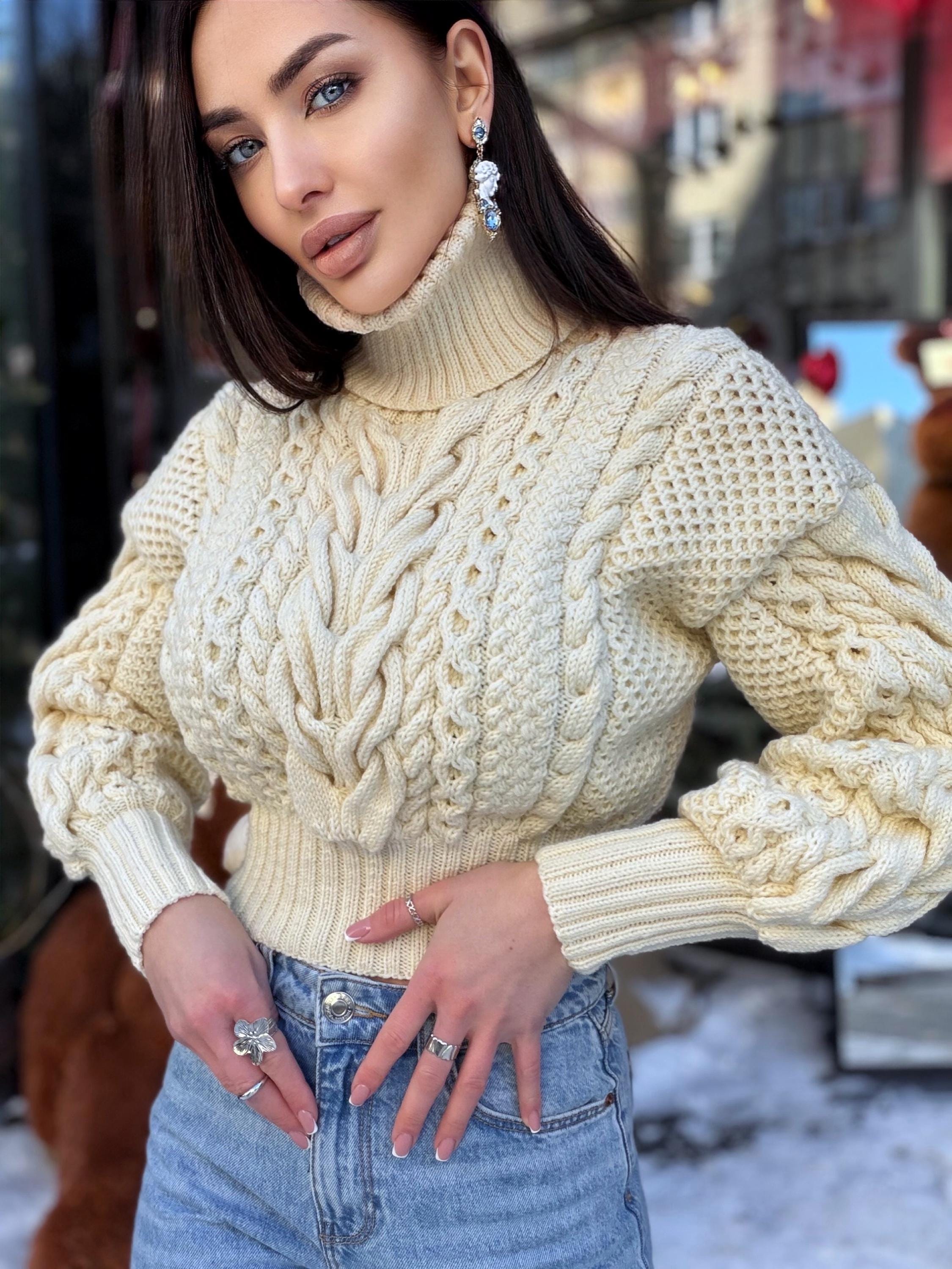 Cropped handmade white milk cream 100% merino wool aran sweater turtleneck Chunky Knit Pullover Womens Cable knit merino wool winter jumper