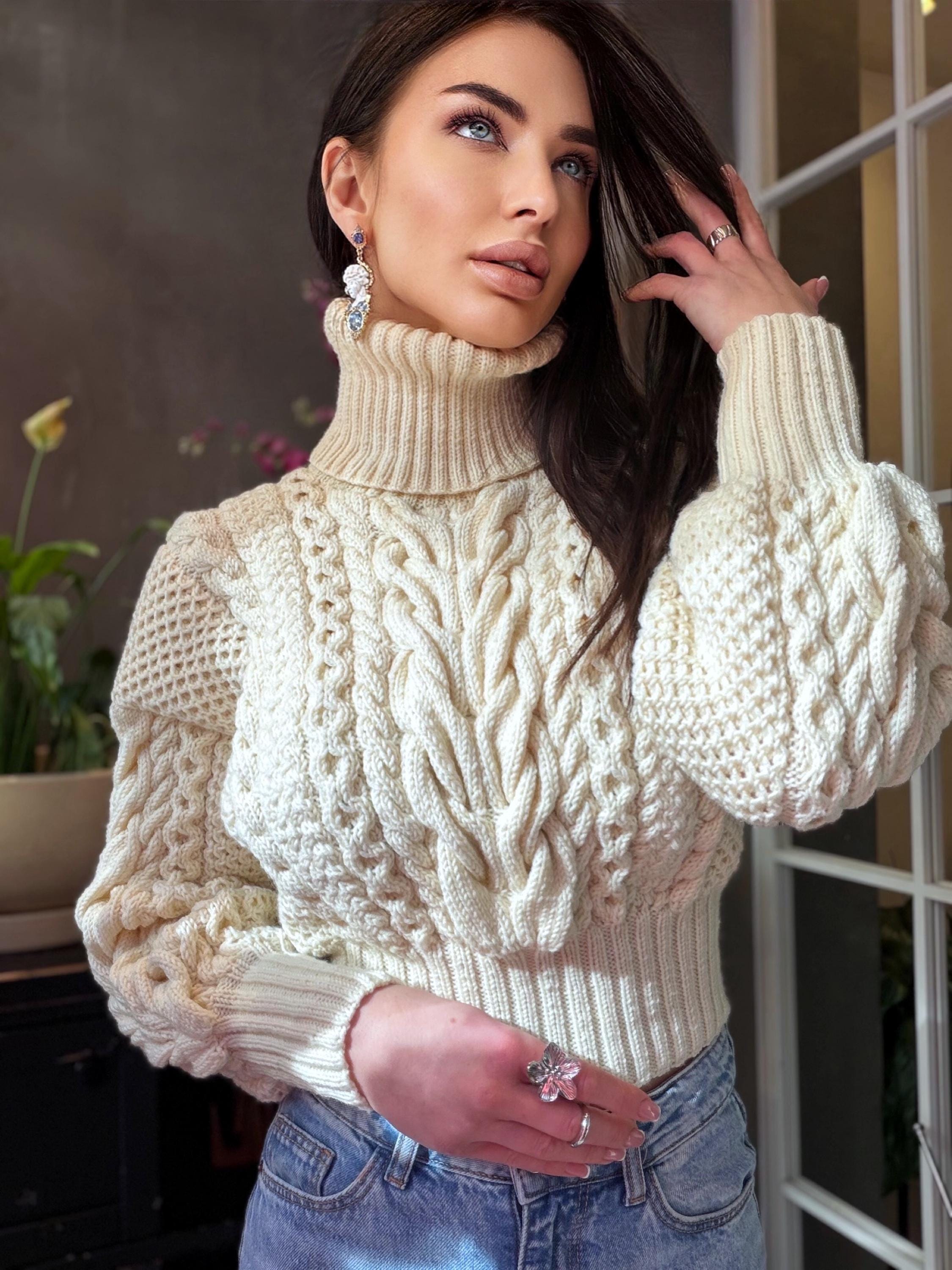 Cropped handmade white milk cream 100% merino wool aran sweater turtleneck Chunky Knit Pullover Womens Cable knit merino wool winter jumper