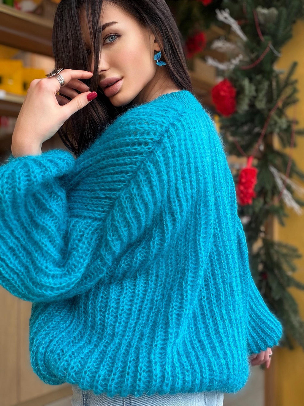 Knit cropped mohair Azure blue cardigan Hand knit bolero Wedding Cardigan Wool fluffy cape Bridal jackets hawl Knitted jacket