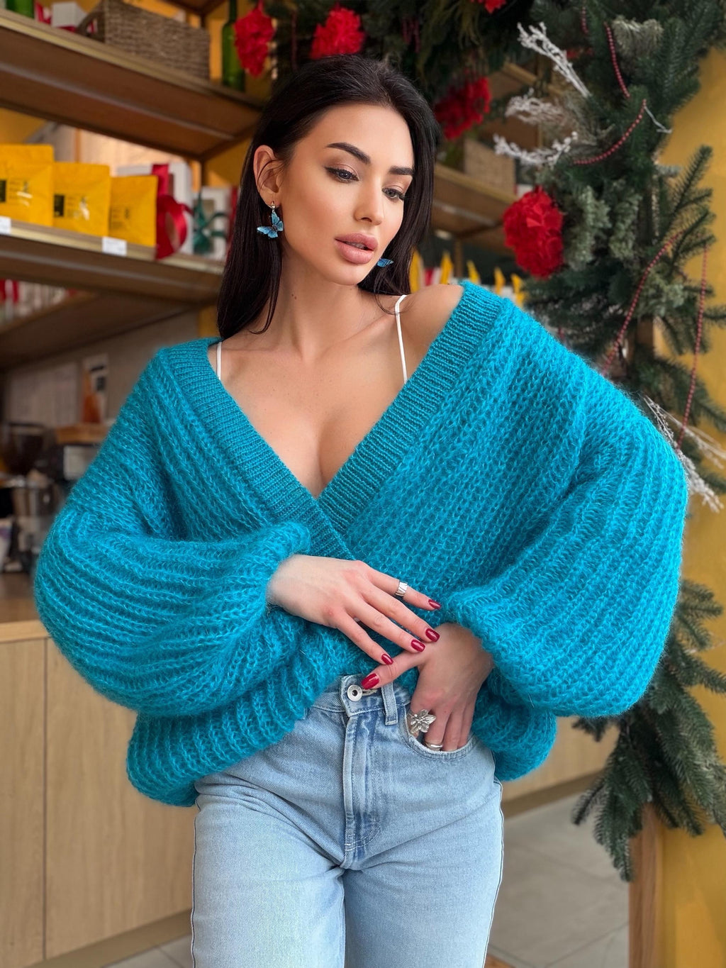 Knit cropped mohair Azure blue cardigan Hand knit bolero Wedding Cardigan Wool fluffy cape Bridal jackets hawl Knitted jacket