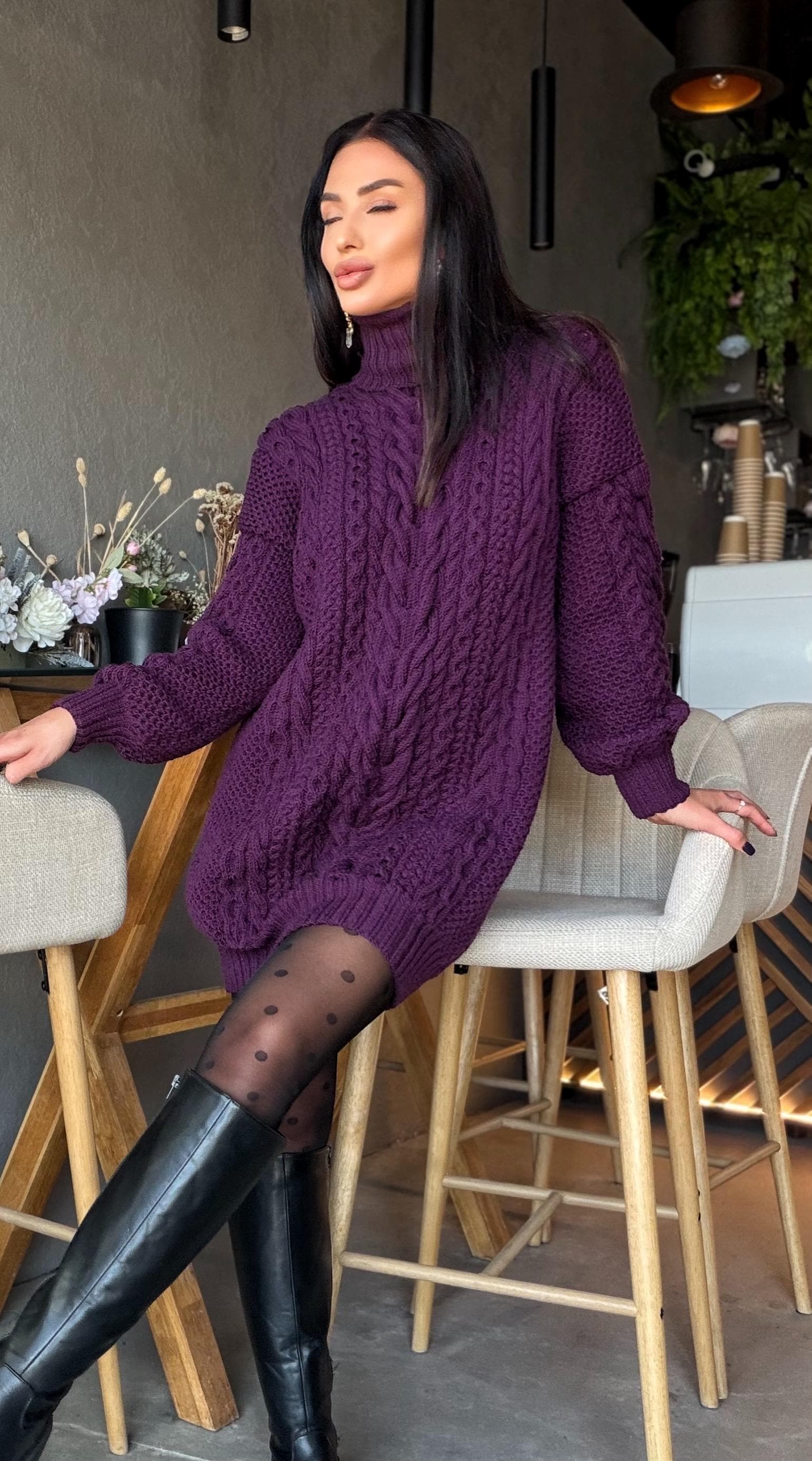 Aran long oversiz purple large cable knit wool sweater dress Turtleneck Traube hand knit women Сhunky knit sweater High collar