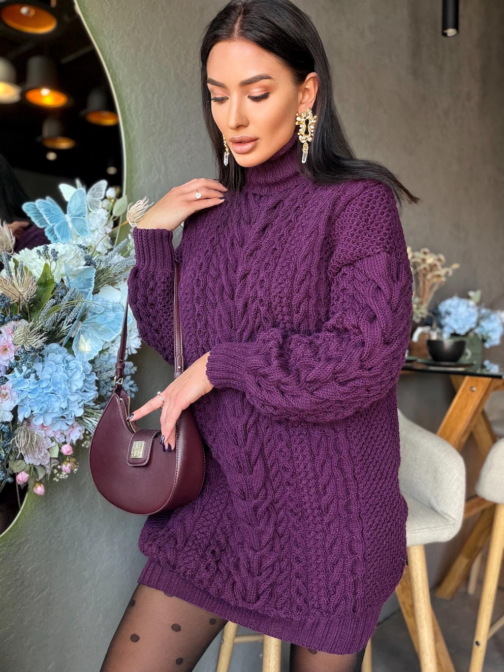 Aran long oversiz purple large cable knit wool sweater dress Turtleneck Traube hand knit women Сhunky knit sweater High collar