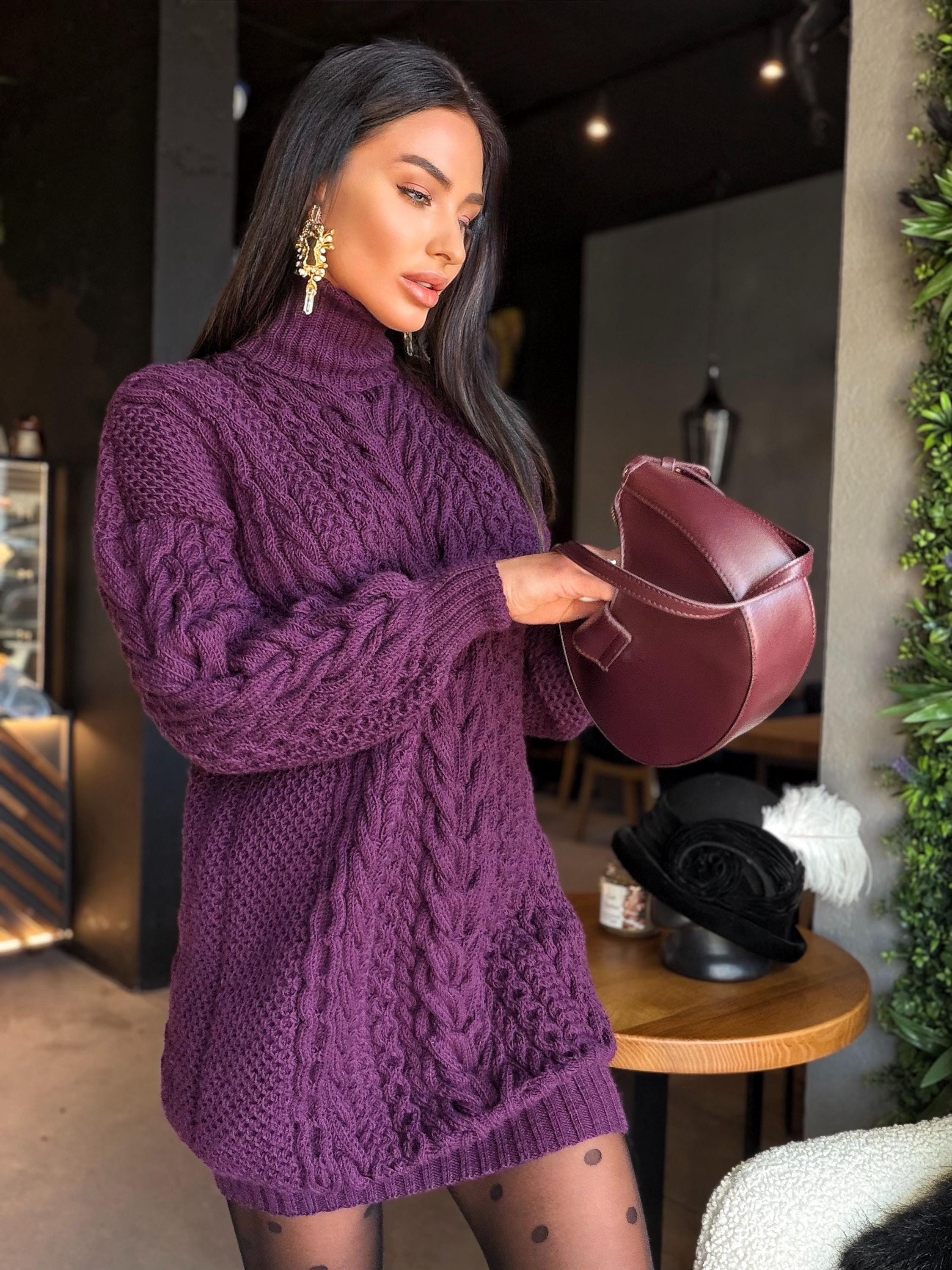 Aran long oversiz purple large cable knit wool sweater dress Turtleneck Traube hand knit women Сhunky knit sweater High collar