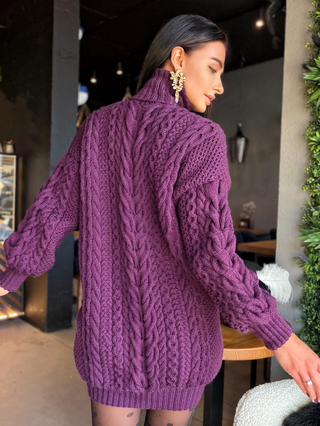 Aran long oversiz purple large cable knit wool sweater dress Turtleneck Traube hand knit women Сhunky knit sweater High collar