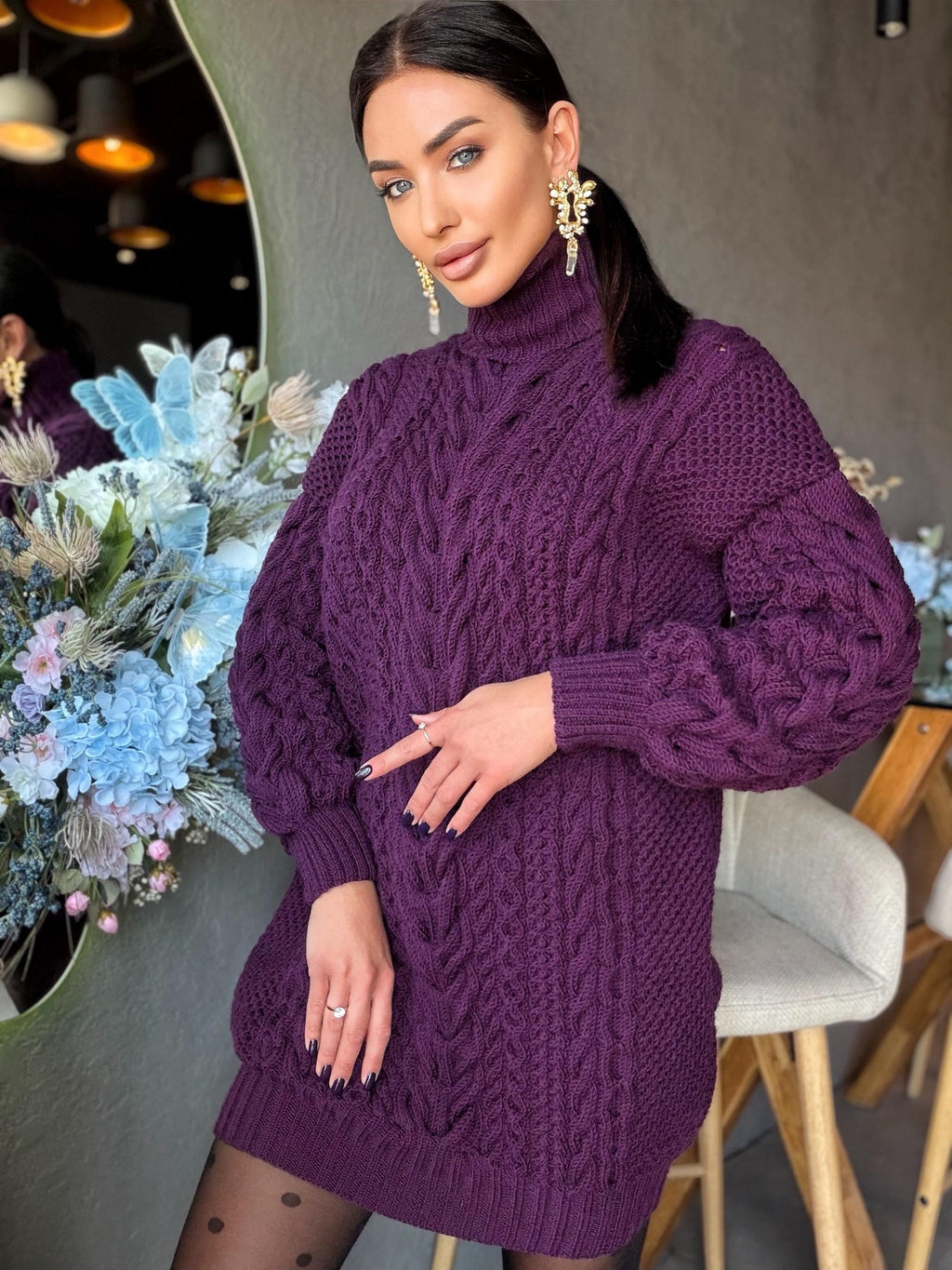 Aran long oversiz purple large cable knit wool sweater dress Turtleneck Traube hand knit women Сhunky knit sweater High collar
