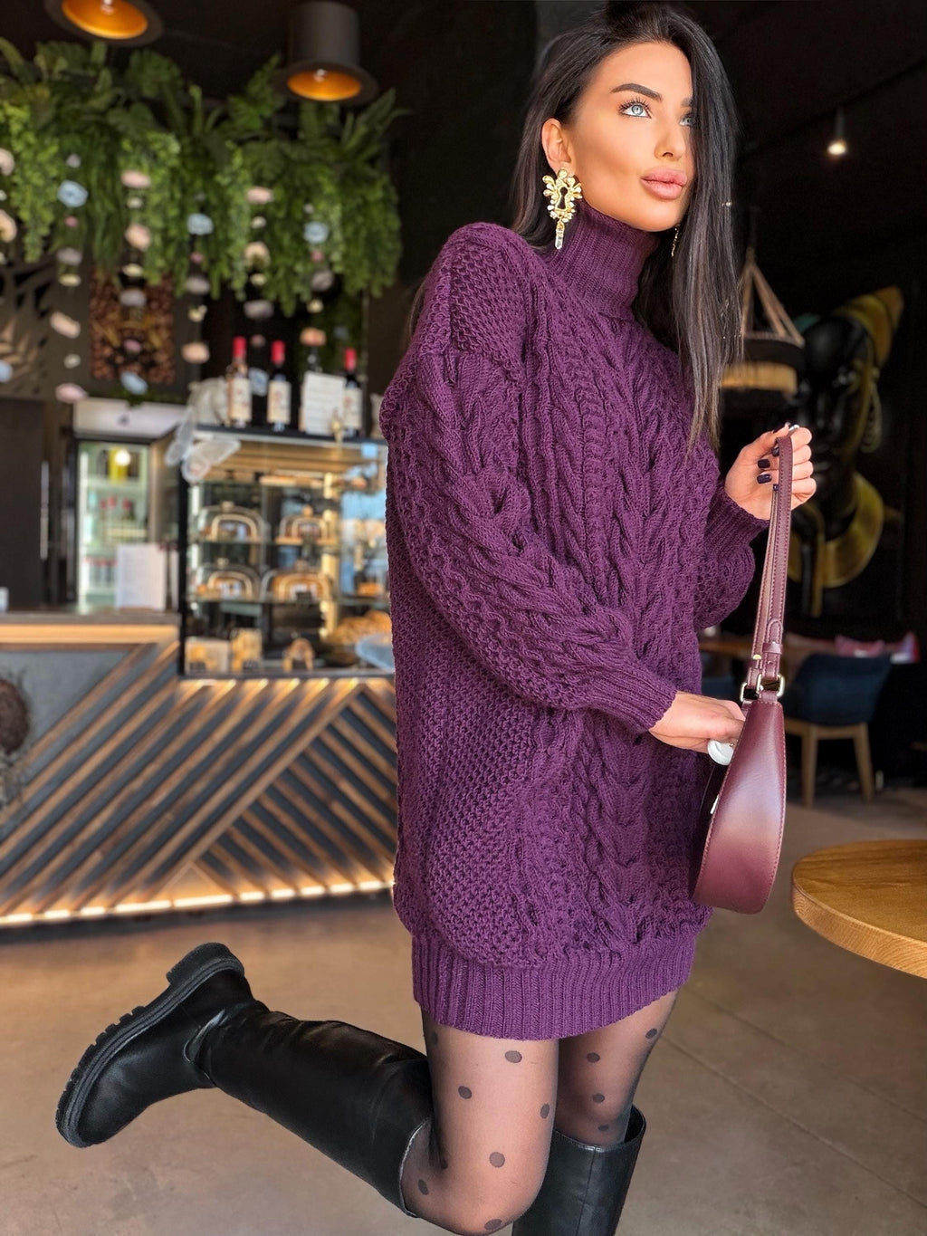 Aran long oversiz purple large cable knit wool sweater dress Turtleneck Traube hand knit women Сhunky knit sweater High collar