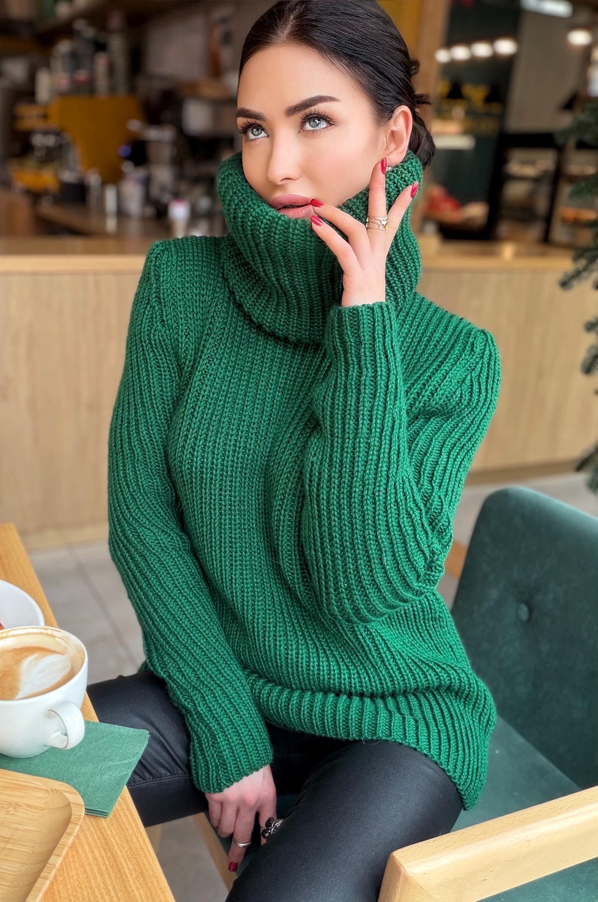 Large merino wool Emerald green big high collar long sleeves turtleneck sweater dress Chunky knit wool pullover womens Knitted fall sweater