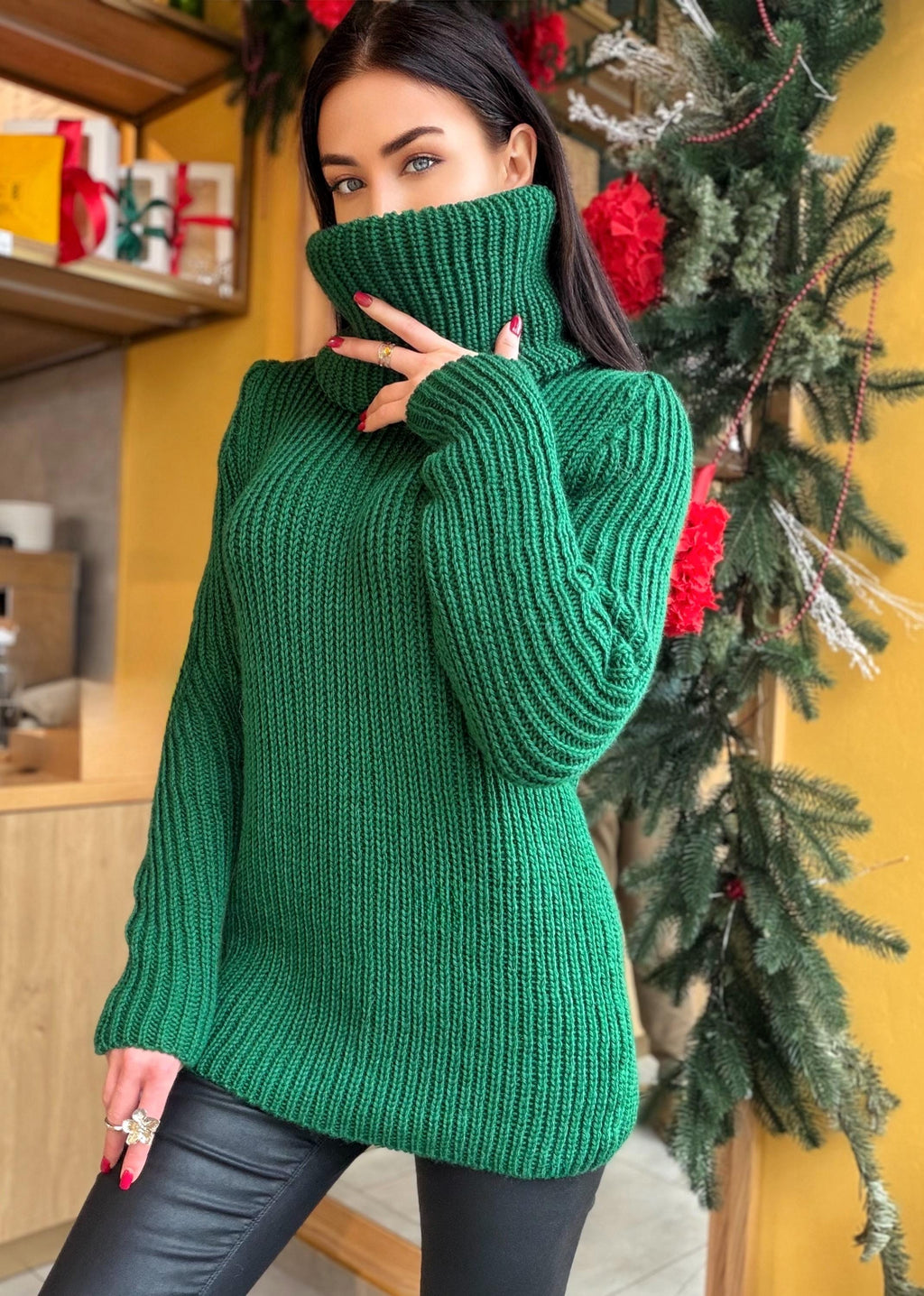 Large merino wool Emerald green big high collar long sleeves turtleneck sweater dress Chunky knit wool pullover womens Knitted fall sweater