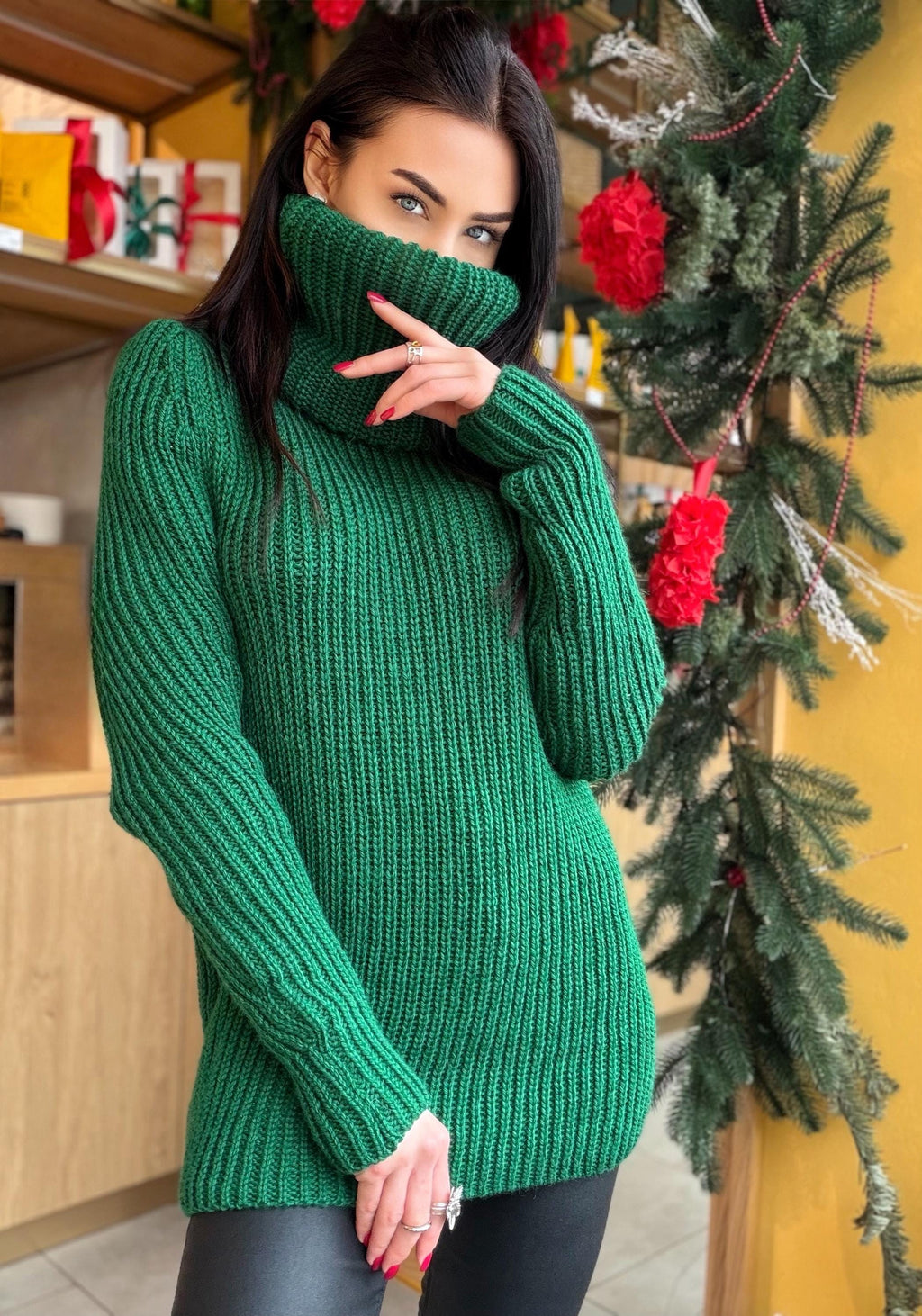 Large merino wool Emerald green big high collar long sleeves turtleneck sweater dress Chunky knit wool pullover womens Knitted fall sweater