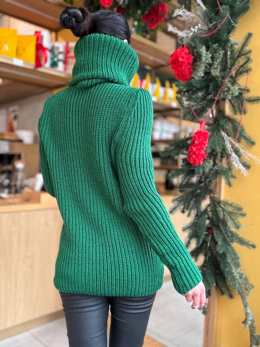 Large merino wool Emerald green big high collar long sleeves turtleneck sweater dress Chunky knit wool pullover womens Knitted fall sweater