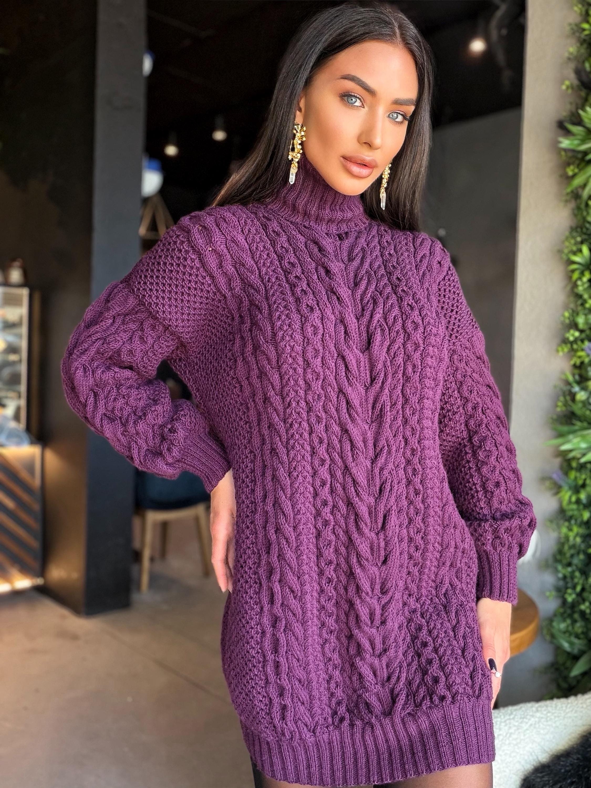 Aran long oversiz purple large cable knit wool sweater dress Turtleneck Traube hand knit women Сhunky knit sweater High collar