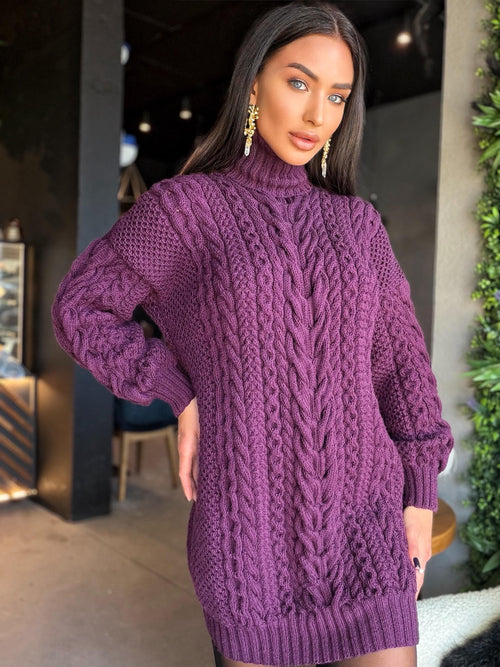 Aran long oversiz purple large cable knit wool sweater dress Turtleneck Traube hand knit women Сhunky knit sweater High collar
