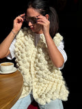 Crochet alpaca milk cream sweater vest «Popcorn» Chunki hand knit wool large long bubbles vest sleeveless with a knitted belt