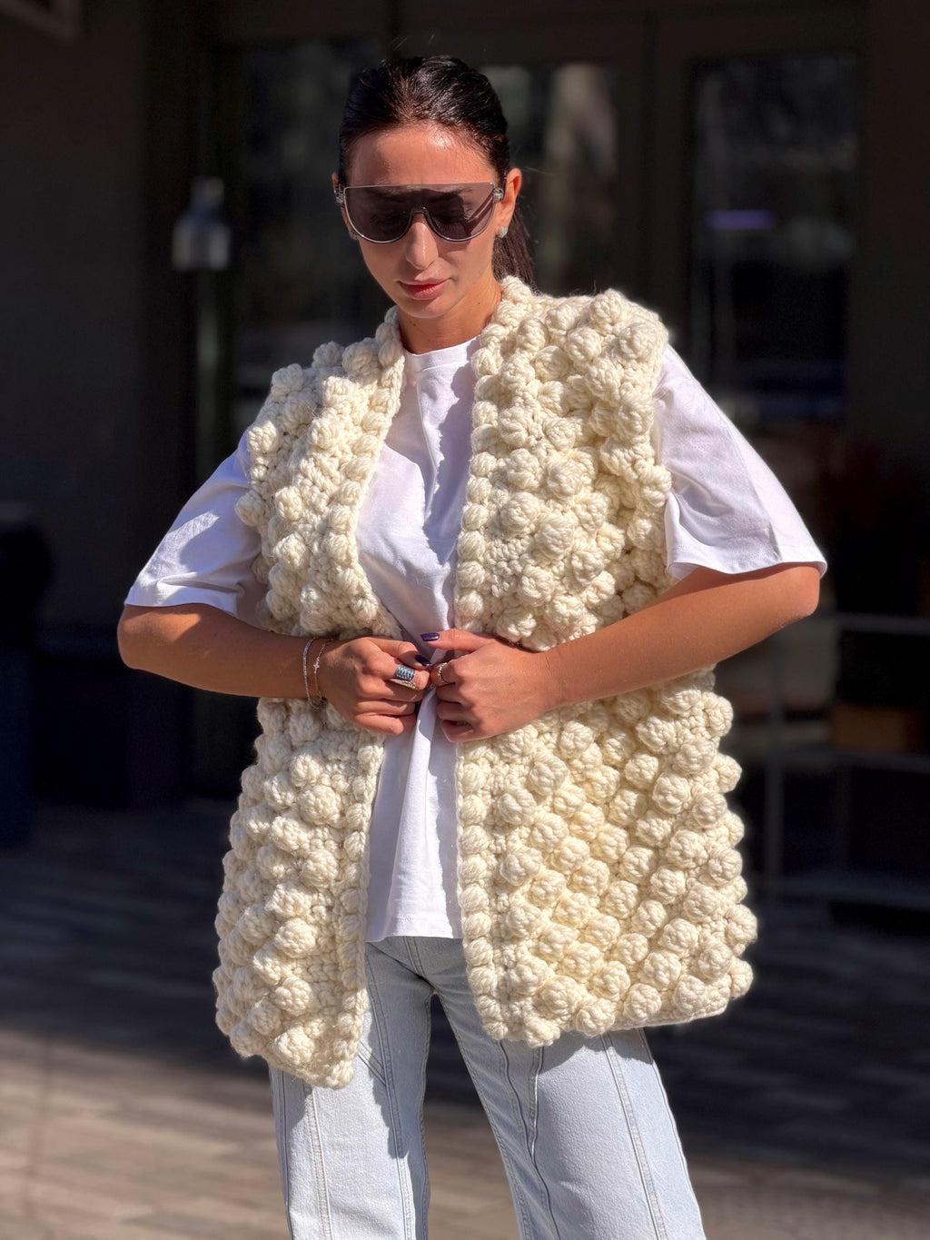 Crochet hand made alpaca wool milk cream sweater vest « balls» Chunky hand knit wool large long bubbles vest sleeveless with a knitted belt