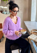 Merino wool soft Lilac V collar hand knit sweater For sensitive skin pullover Fluffy body friendly Open back Deep V neckline
