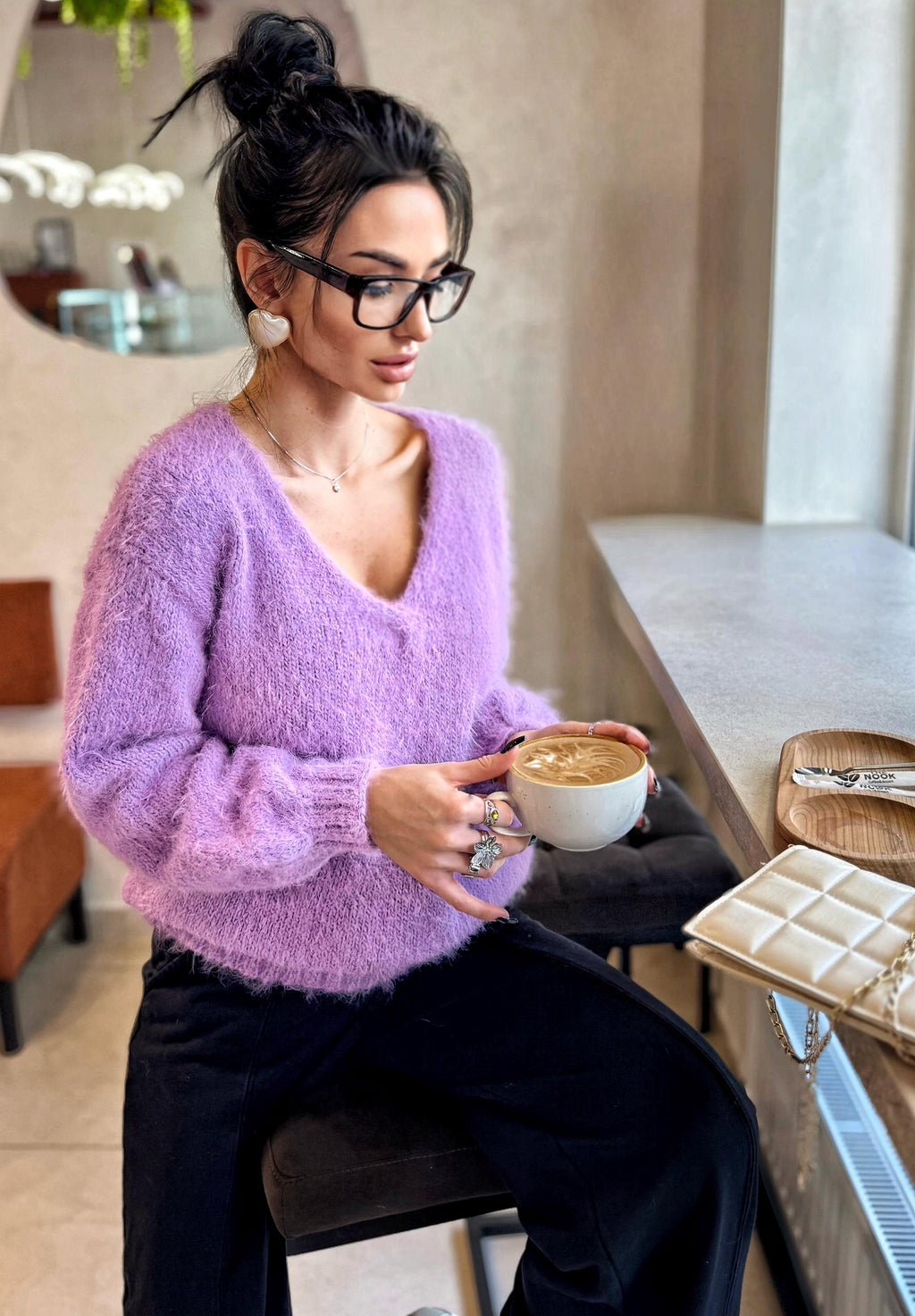 Lilac soft fluffy hand knit V collar open back merino blend sweater For sensitive skin pullover Body friendly Open back Deep V neckline