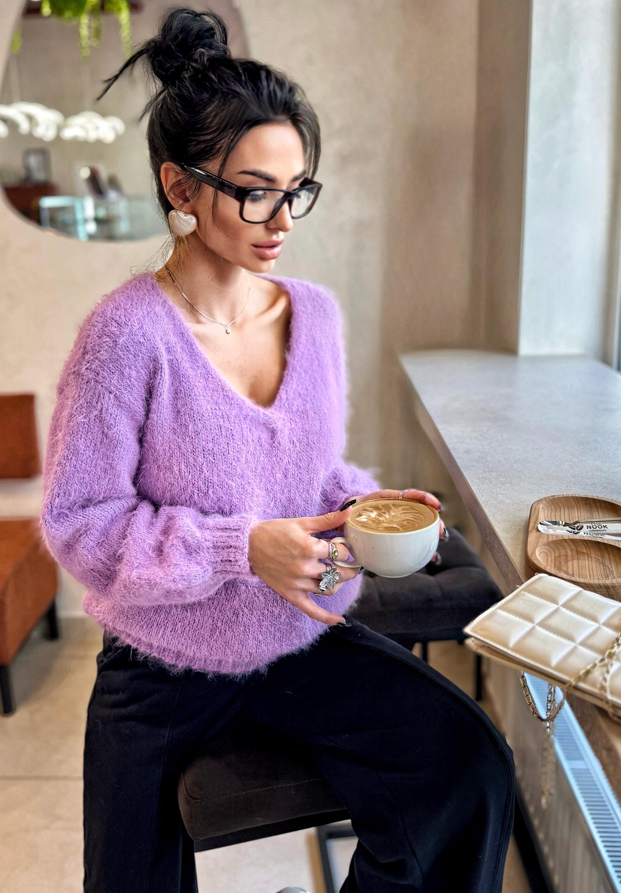Lilac soft fluffy hand knit V collar open back merino blend sweater For sensitive skin pullover Body friendly Open back Deep V neckline