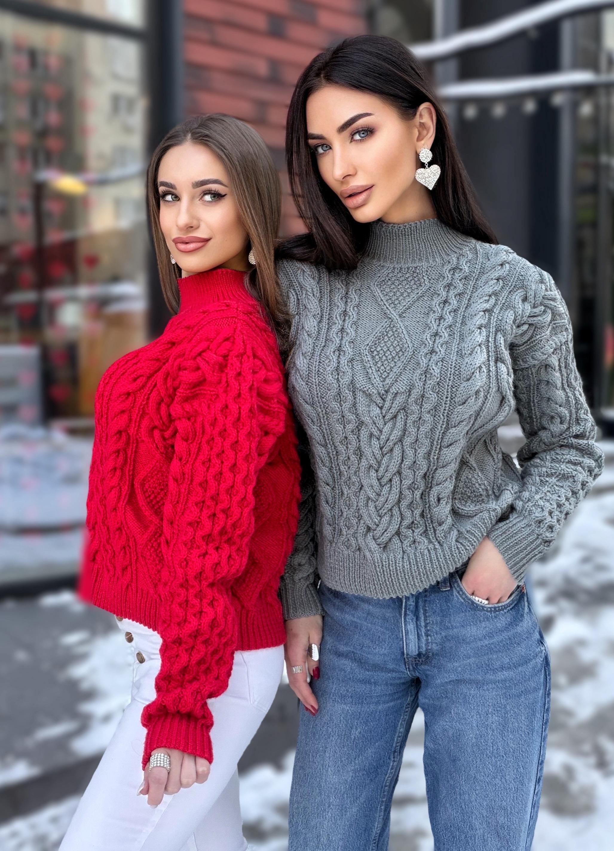 Hand Knit cable knit Grey Red Merino Wool Scandinavian Sweater turtleneck pullover Oversize crop sweater Women cable knit sweater