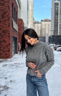 Hand Knit cable knit Grey Red Merino Wool Scandinavian Sweater turtleneck pullover Oversize crop sweater Women cable knit sweater