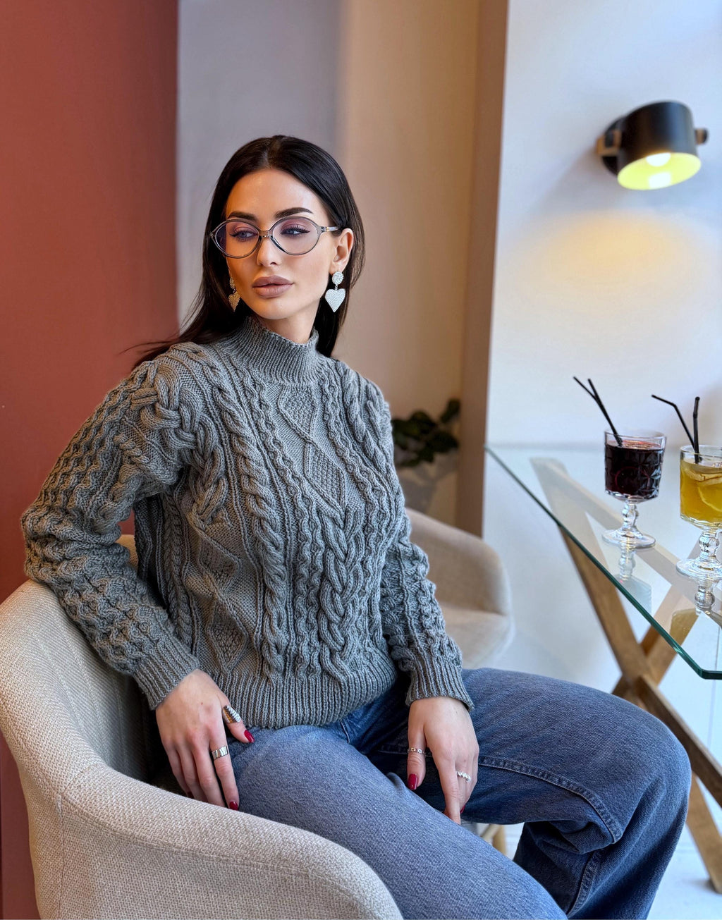 Hand Knit cable knit Grey Red Merino Wool Scandinavian Sweater turtleneck pullover Oversize crop sweater Women cable knit sweater