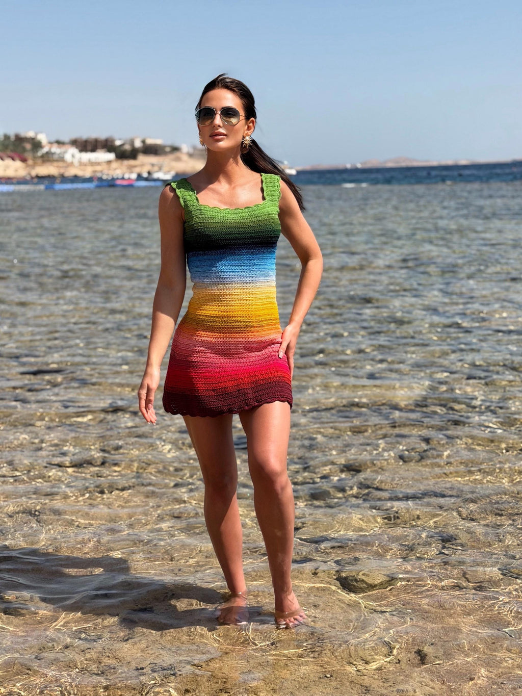 Crochet colourful striped dress wide straps mini dress Beach Cover-Ups Recycled Cotton crochet dress beachwear Lace crochet dress
