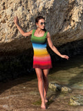 Crochet rainbow striped dress wide straps mini dress Beach Cover-Ups Recycled Cotton crochet dress beachwear Lace crochet dress