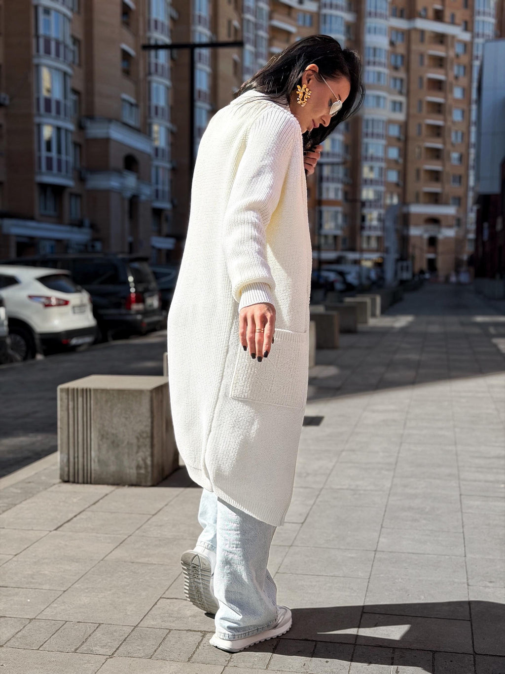 Hand knit wool midi white milk shawl collar cardigan womens Large oversized coat Chunky knit cardigan sweater Cocoon knit coat