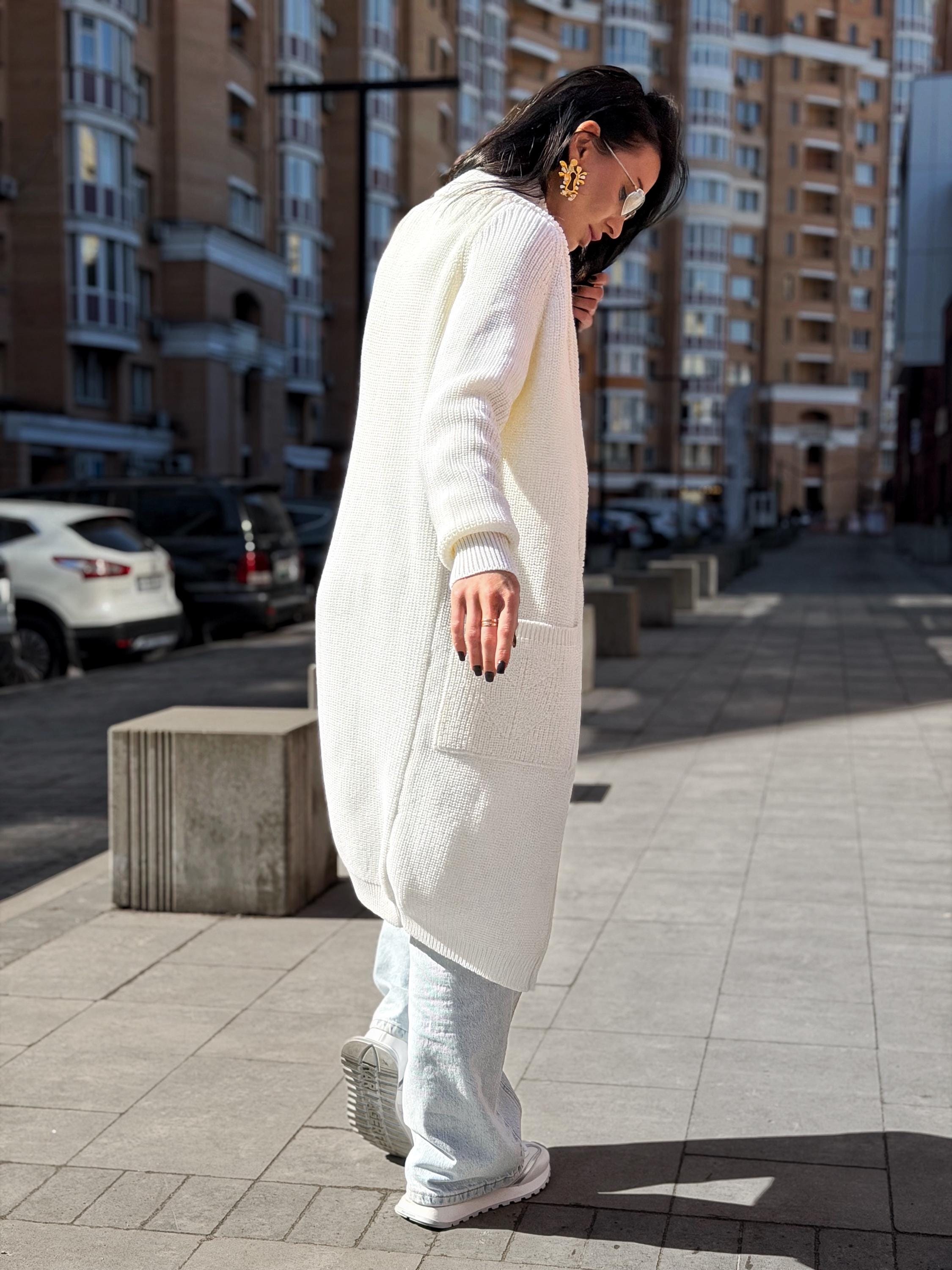 Hand knit wool midi white milk shawl collar cardigan womens Large oversized coat Chunky knit cardigan sweater Cocoon knit coat