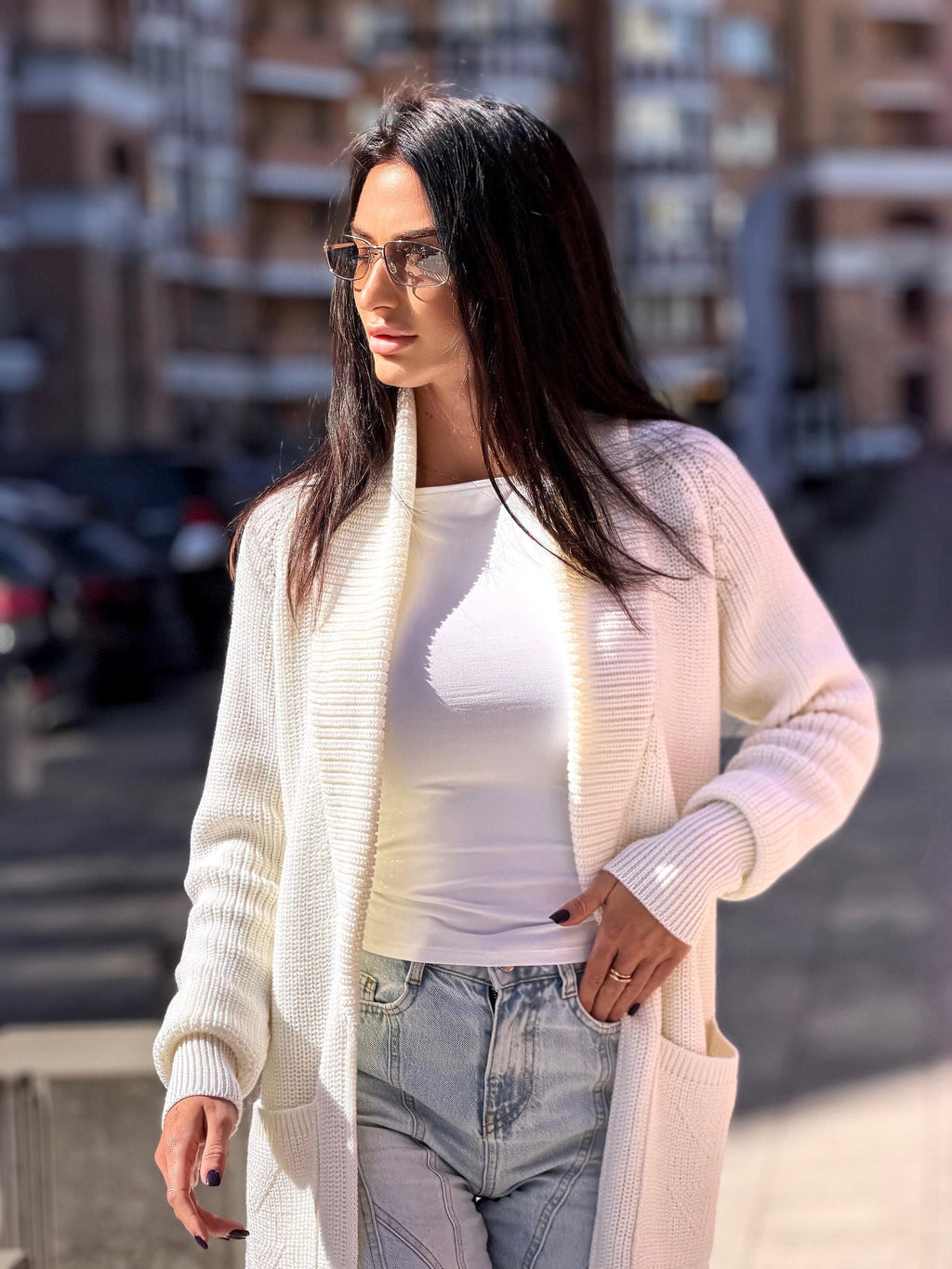 Hand knit wool midi white milk shawl collar cardigan womens Large oversized coat Chunky knit cardigan sweater Cocoon knit coat