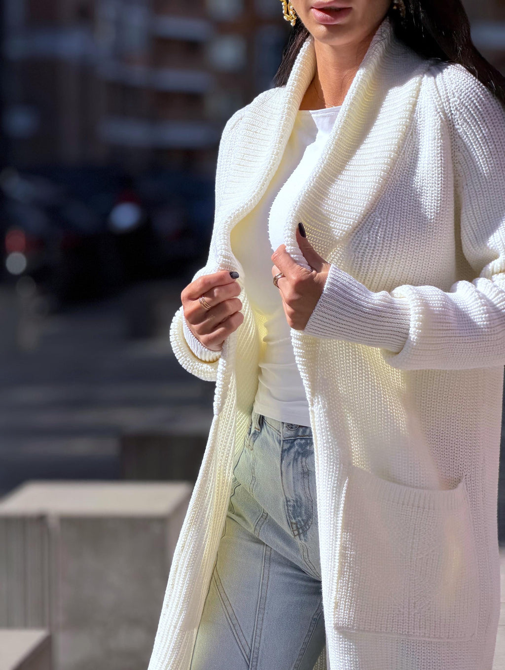 Hand knit wool midi white milk shawl collar cardigan womens Large oversized coat Chunky knit cardigan sweater Cocoon knit coat