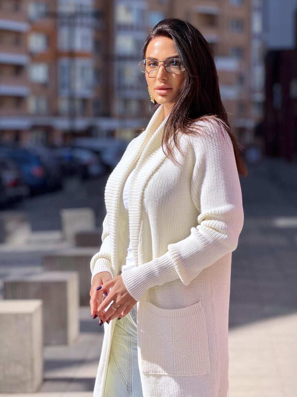 Hand knit wool midi white milk shawl collar cardigan womens Large oversized coat Chunky knit cardigan sweater Cocoon knit coat