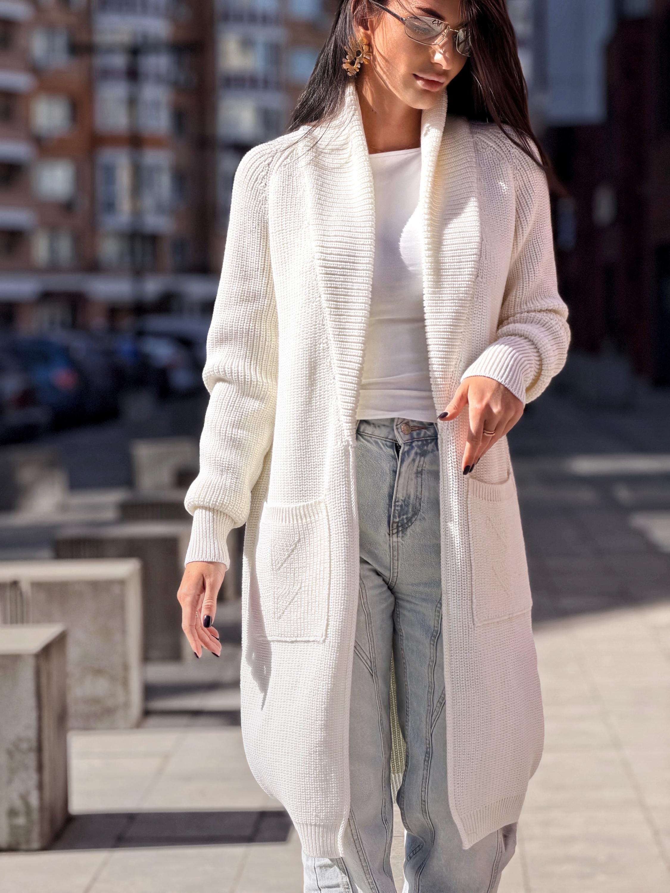 Hand knit wool midi white milk shawl collar cardigan womens Large oversized coat Chunky knit cardigan sweater Cocoon knit coat