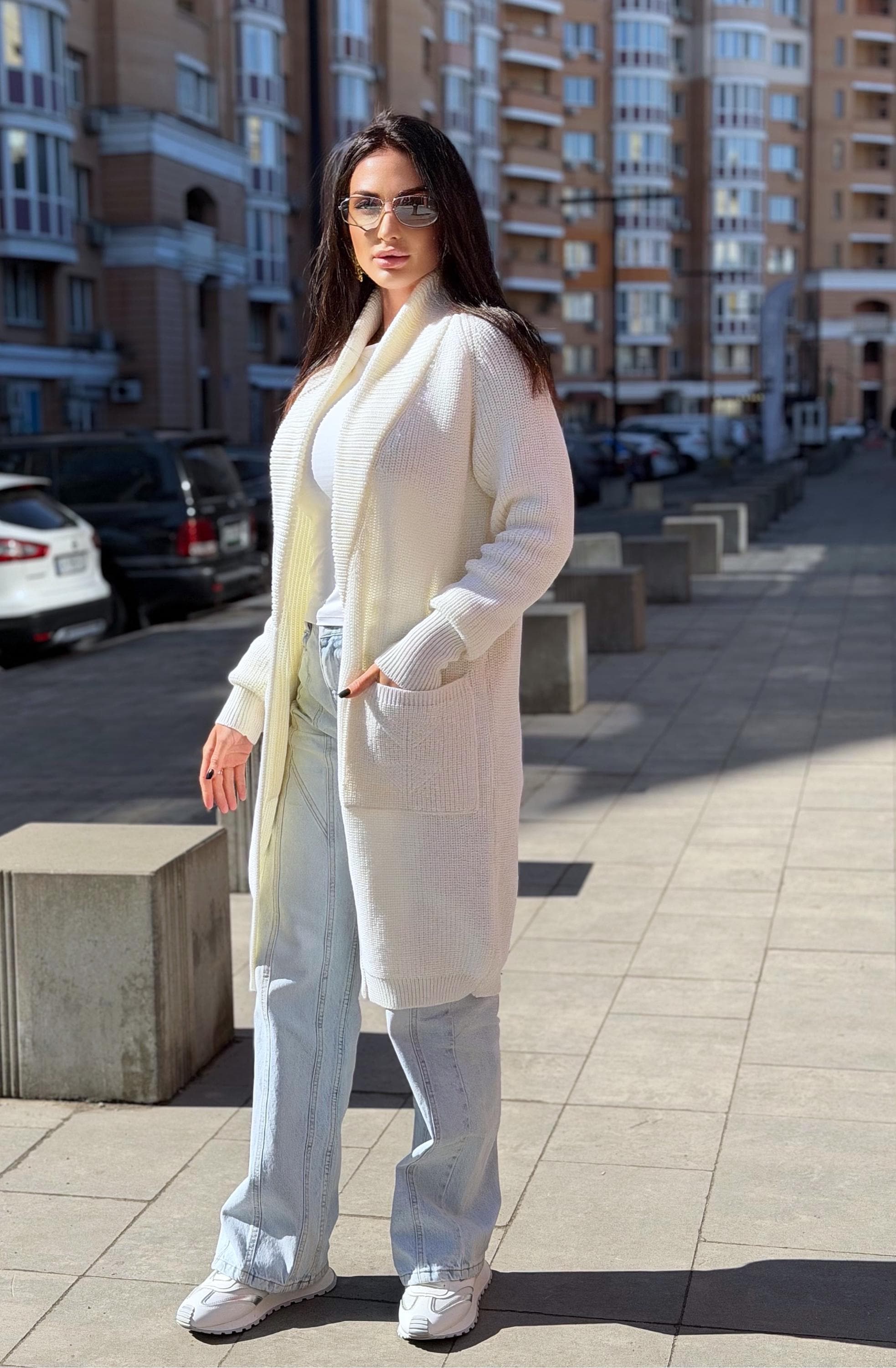 Hand knit wool midi white milk shawl collar cardigan womens Large oversized coat Chunky knit cardigan sweater Cocoon knit coat