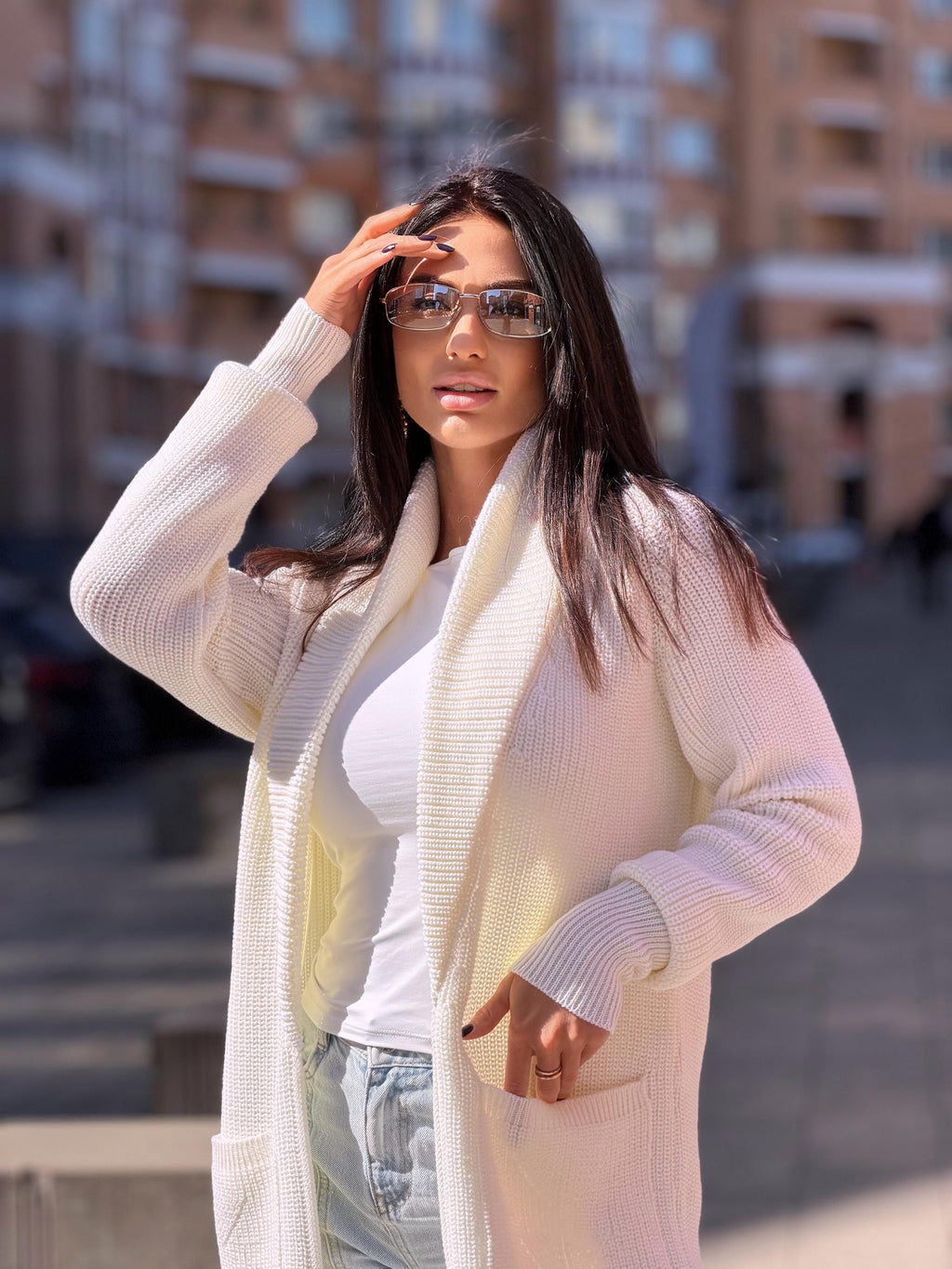 Hand knit wool midi white milk shawl collar cardigan womens Large oversized coat Chunky knit cardigan sweater Cocoon knit coat