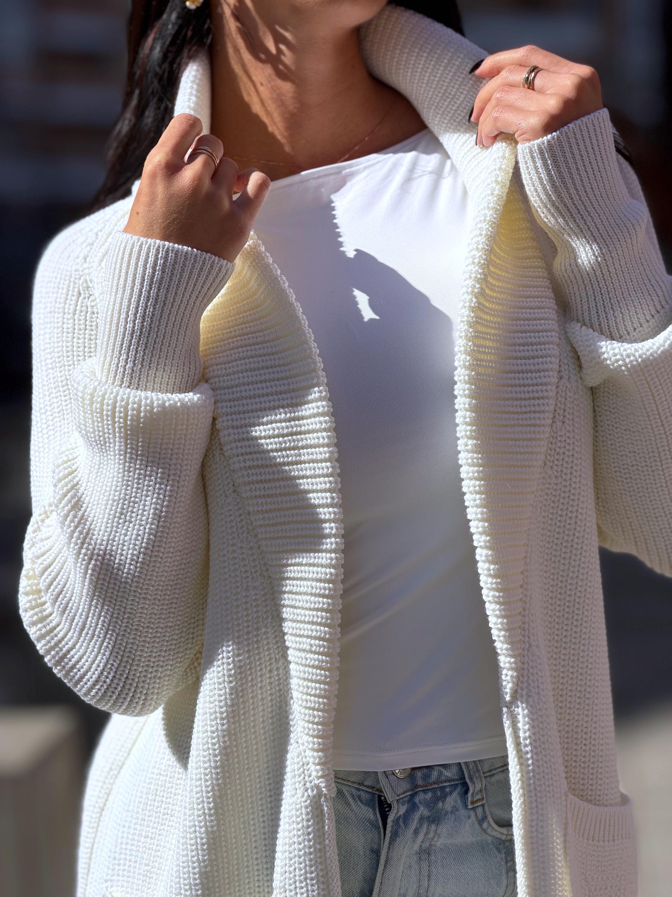 Hand knit wool midi white milk shawl collar cardigan womens Large oversized coat Chunky knit cardigan sweater Cocoon knit coat