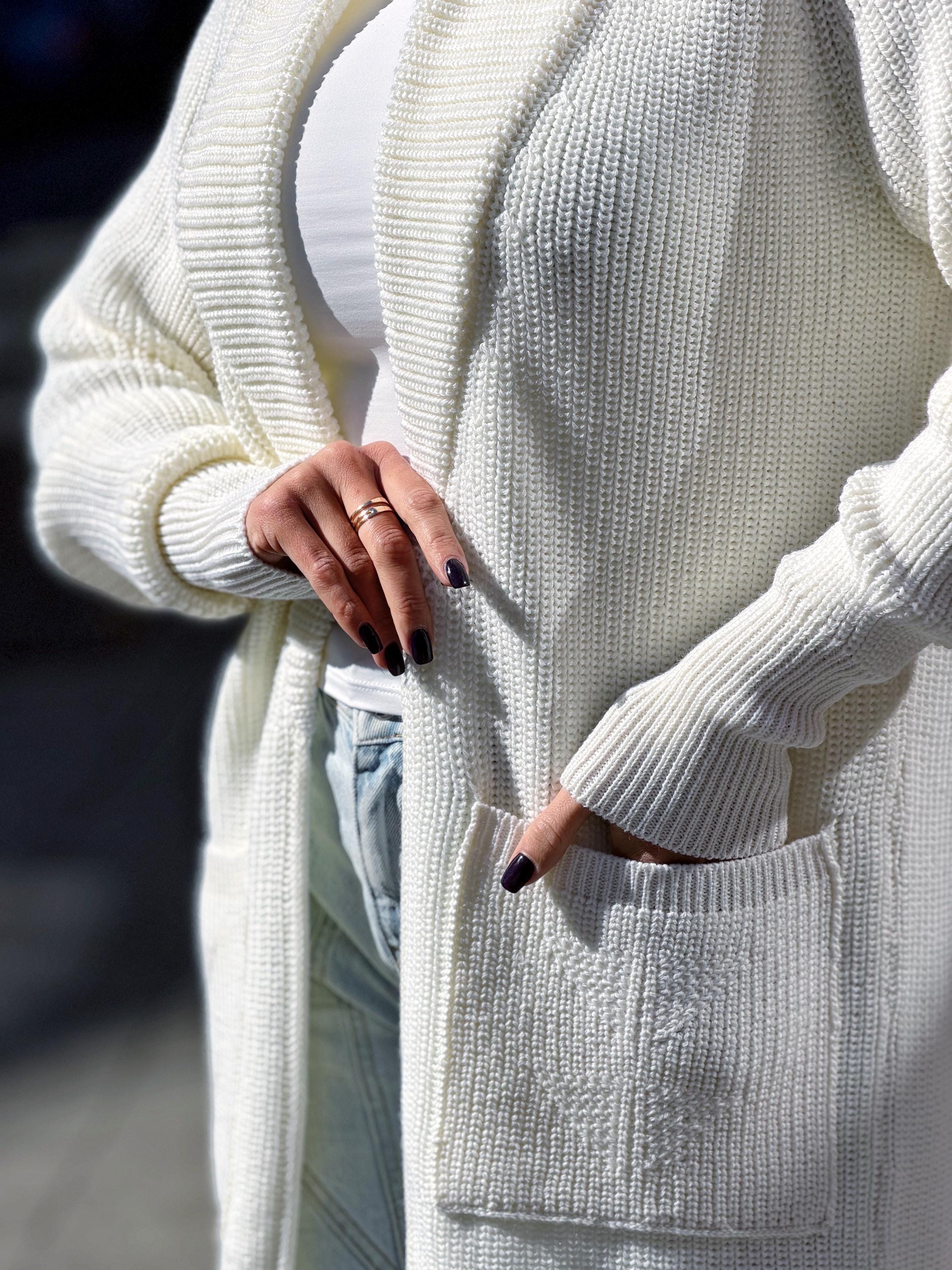 Hand knit wool midi white milk shawl collar cardigan womens Large oversized coat Chunky knit cardigan sweater Cocoon knit coat