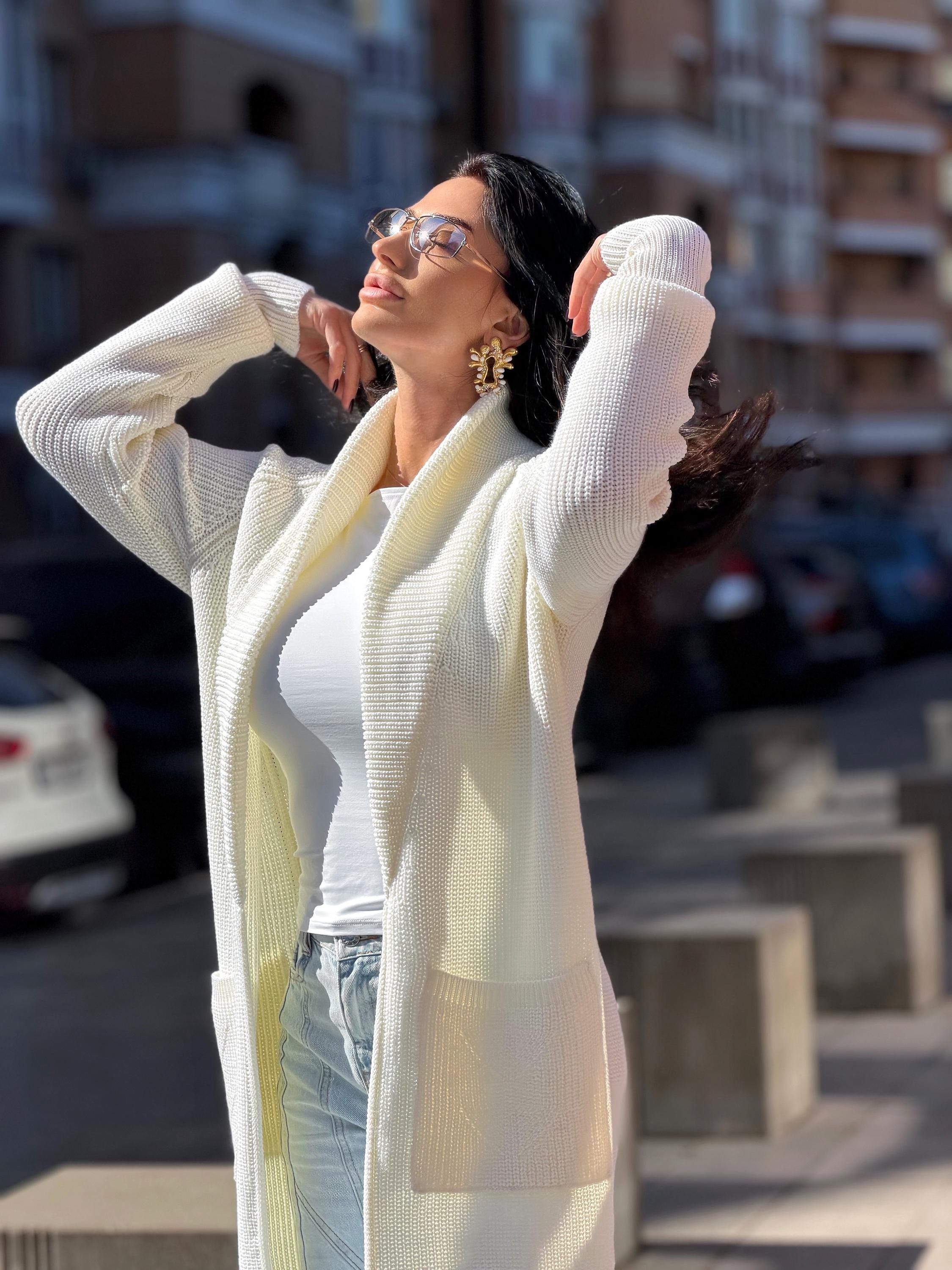 Hand knit wool midi white milk shawl collar cardigan womens Large oversized coat Chunky knit cardigan sweater Cocoon knit coat