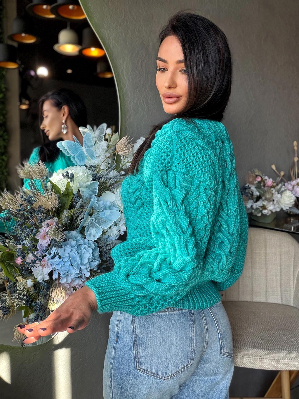 Merino wool hand knit blue turquoise merino cable knit sweater women jumper Loose chunky knit Scandinavian cable knit pullover