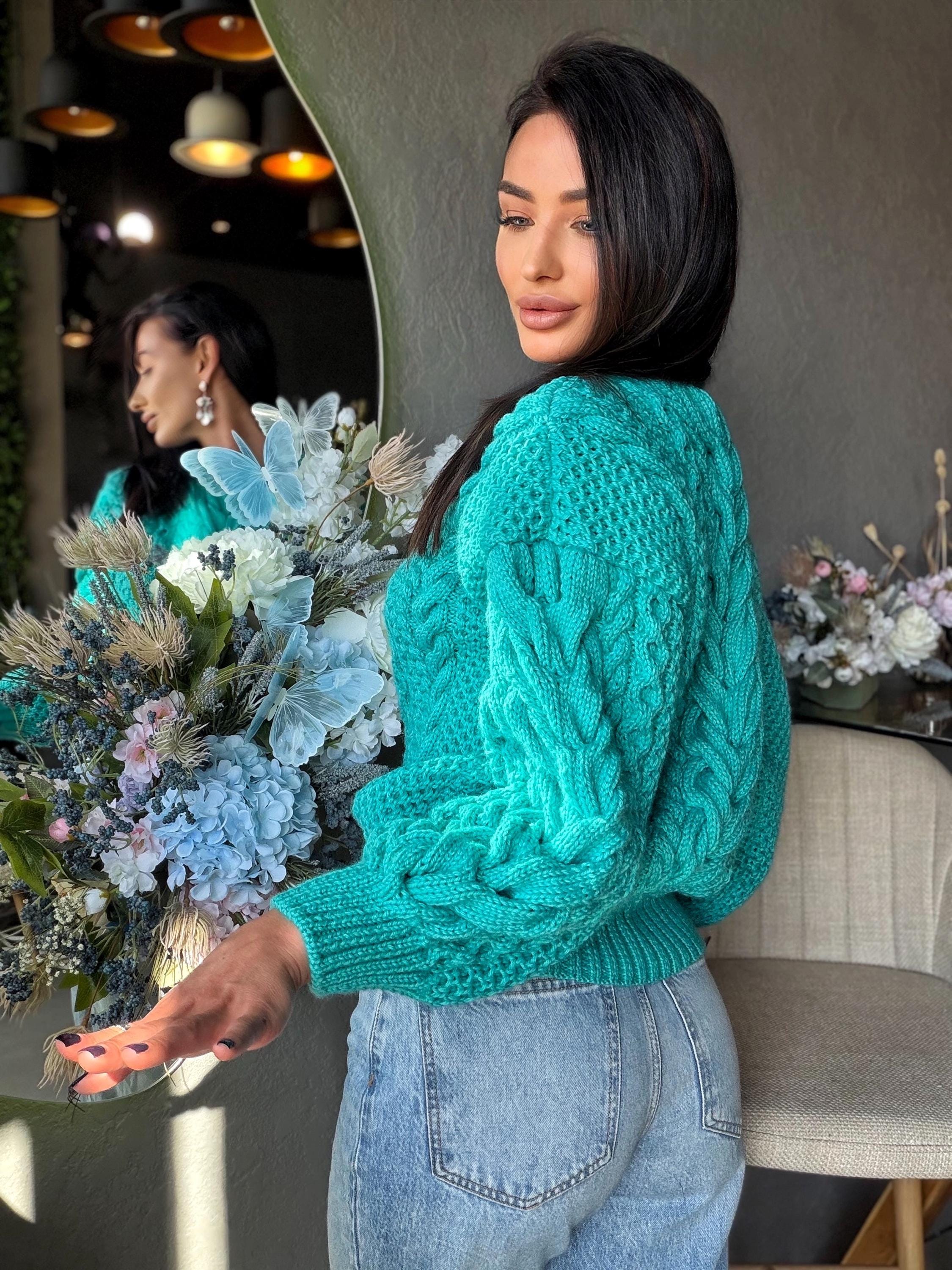 Merino wool hand knit blue turquoise merino cable knit sweater women jumper Loose chunky knit Scandinavian cable knit pullover