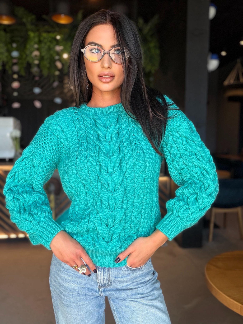 Merino wool hand knit blue turquoise merino cable knit sweater women jumper Loose chunky knit Scandinavian cable knit pullover