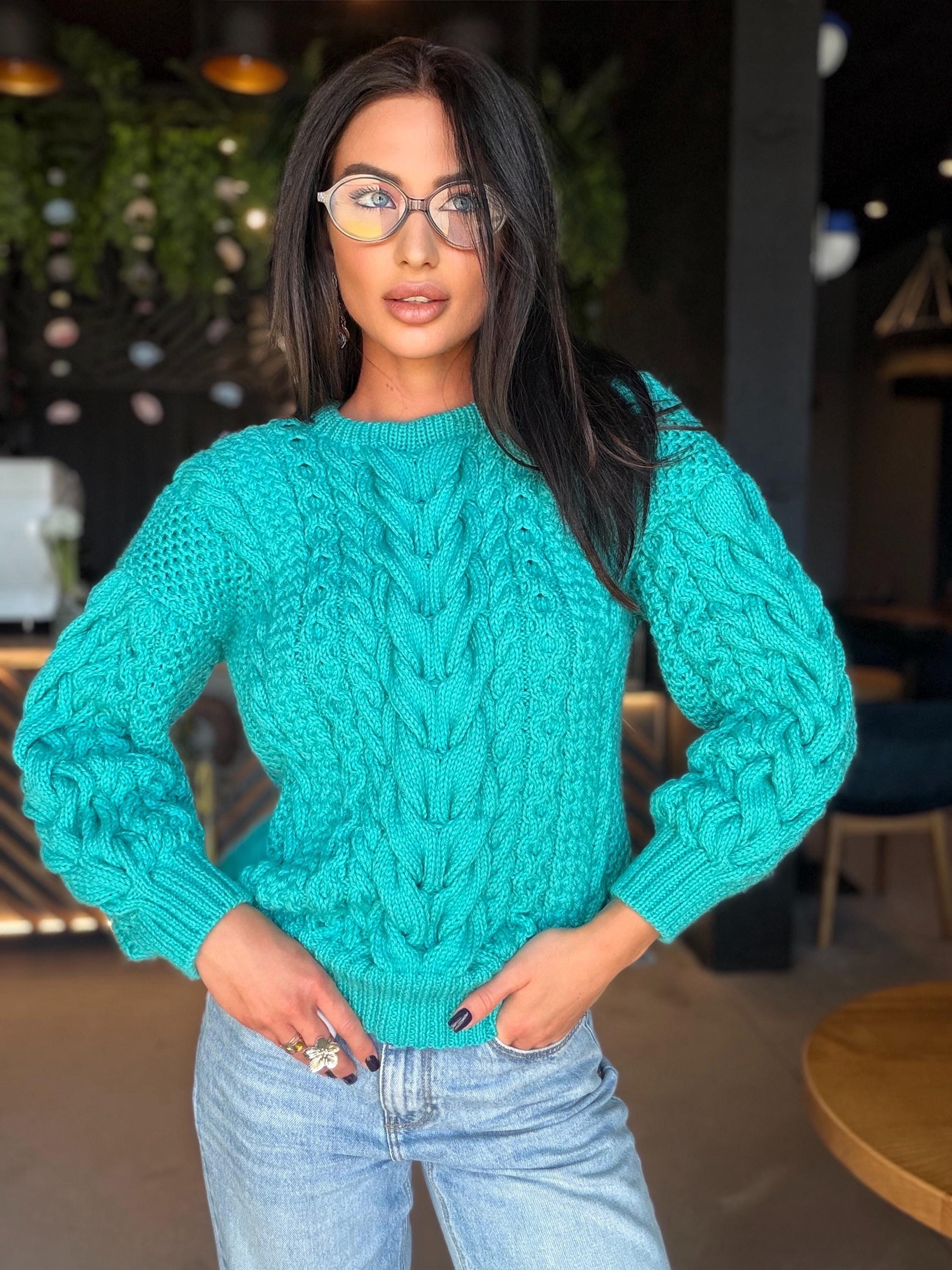Merino wool hand knit blue turquoise merino cable knit sweater women jumper Loose chunky knit Scandinavian cable knit pullover