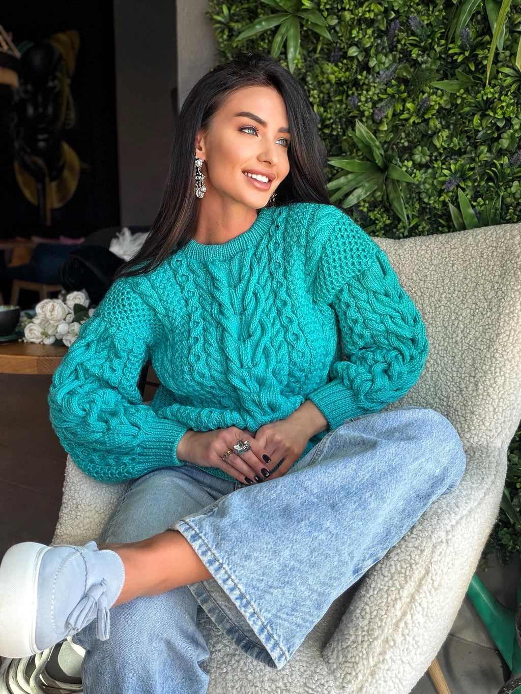 Merino wool hand knit blue turquoise merino cable knit sweater women jumper Loose chunky knit Scandinavian cable knit pullover