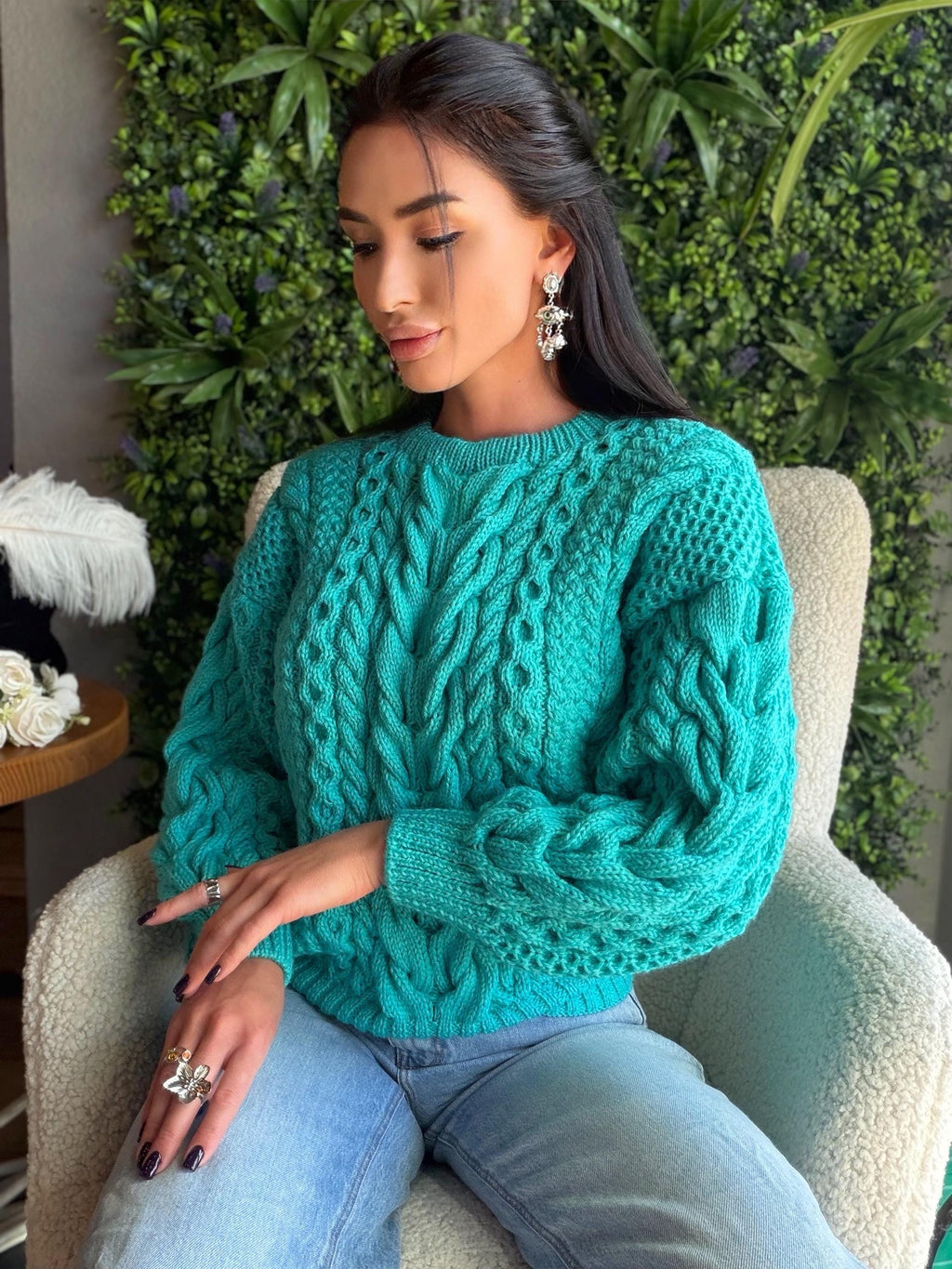 Merino wool hand knit blue turquoise merino cable knit sweater women jumper Loose chunky knit Scandinavian cable knit pullover
